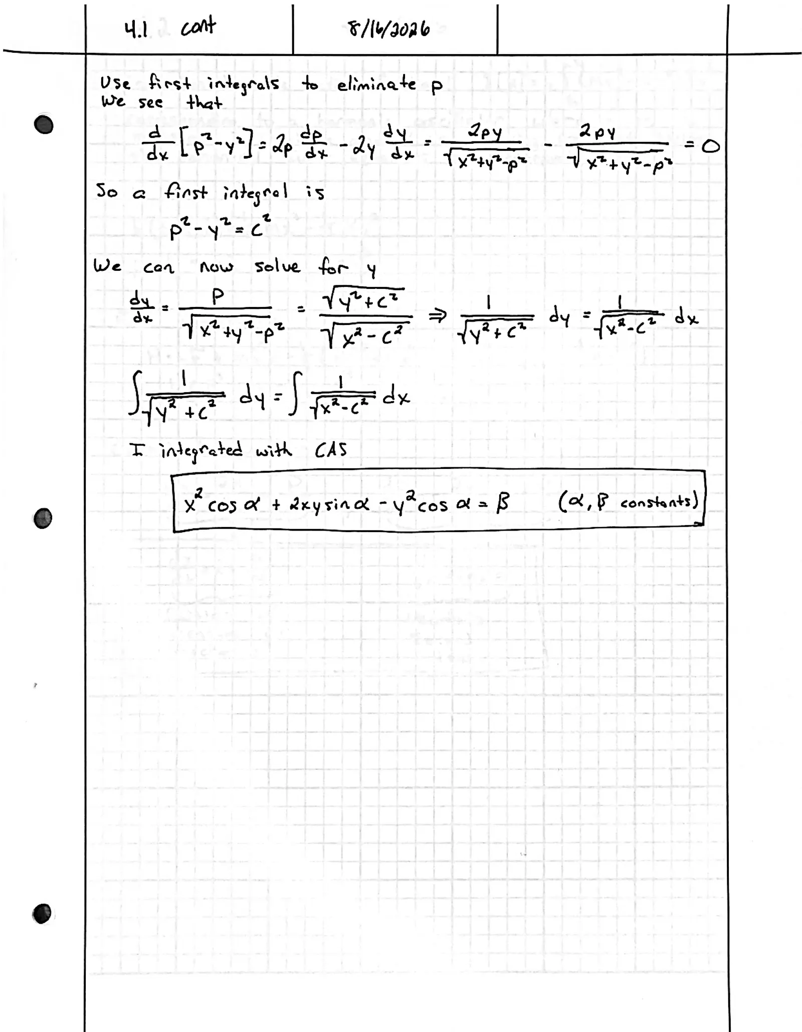 Handwritten solution, page 2 of 2. Use the canonical Euler equations to find the extremals of ∫ √(x² + y²) √(1 + y′²) dx