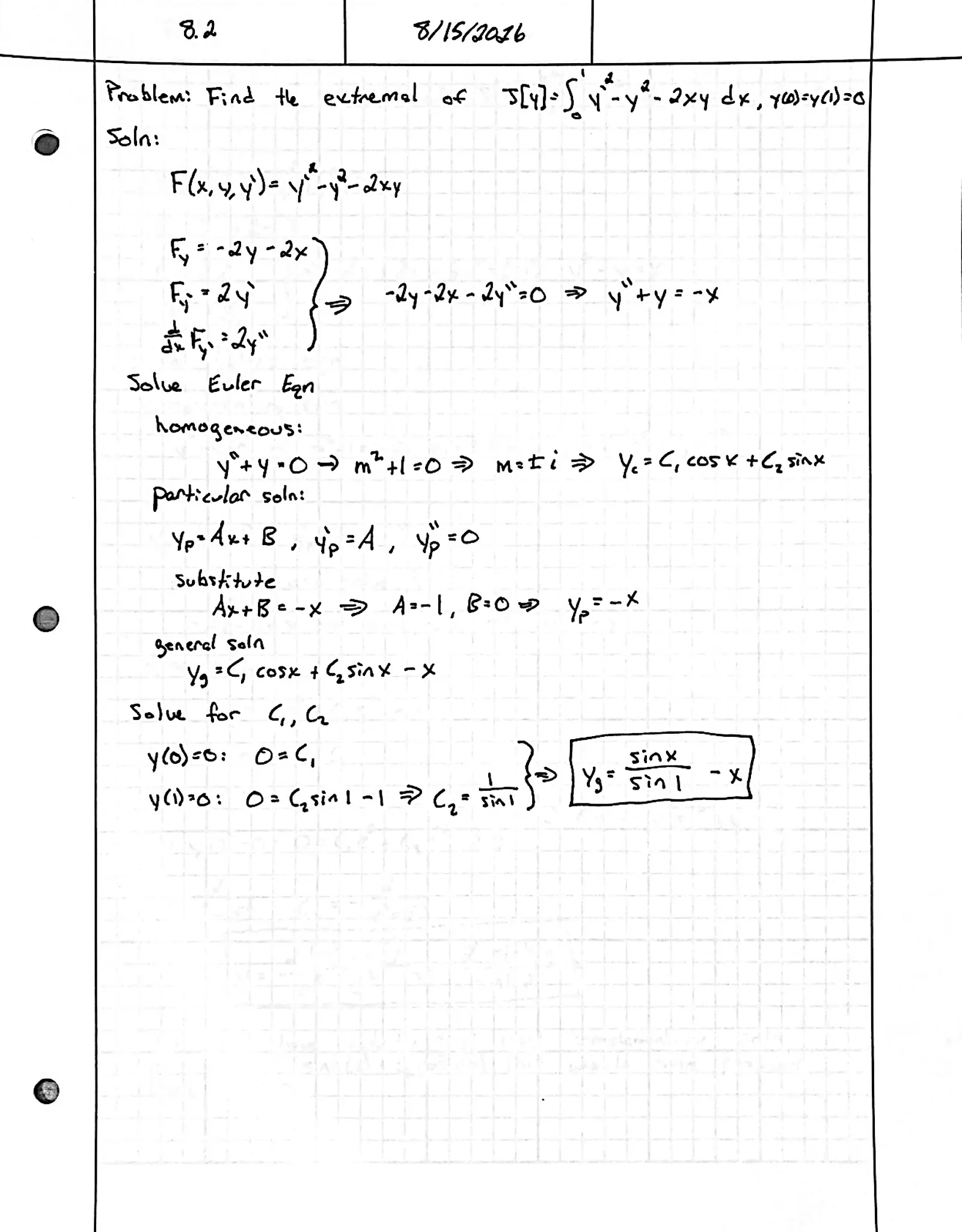 Handwritten solution, page 1 of 1. Find the exact extremal of ∫₀¹ (y′² − y² − 2xy) dx with y(0) = y(1) = 0