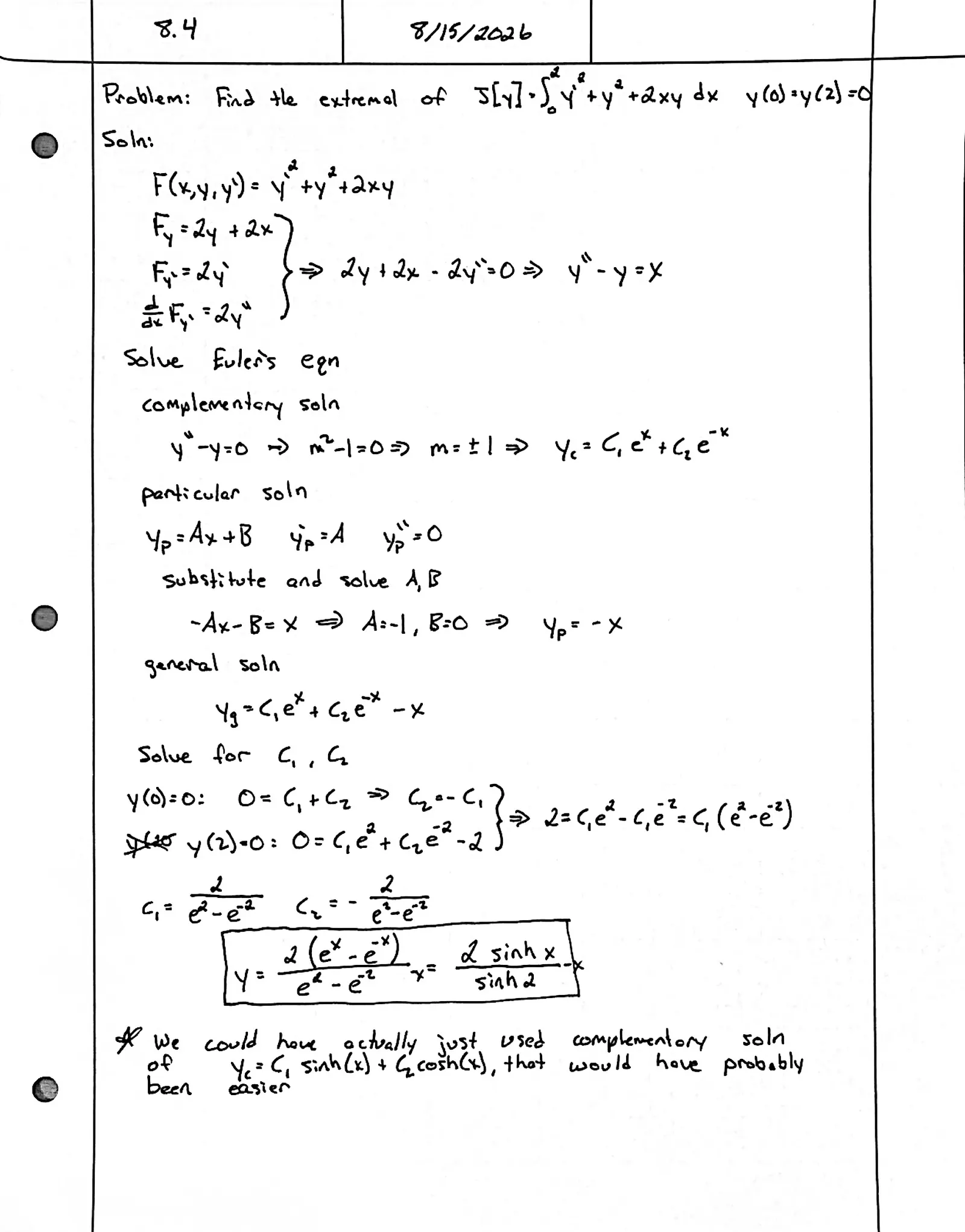 Handwritten solution, page 1 of 1. Find the exact extremal of ∫₀² (y′² + y² + 2xy) dx with y(0) = y(2) = 0
