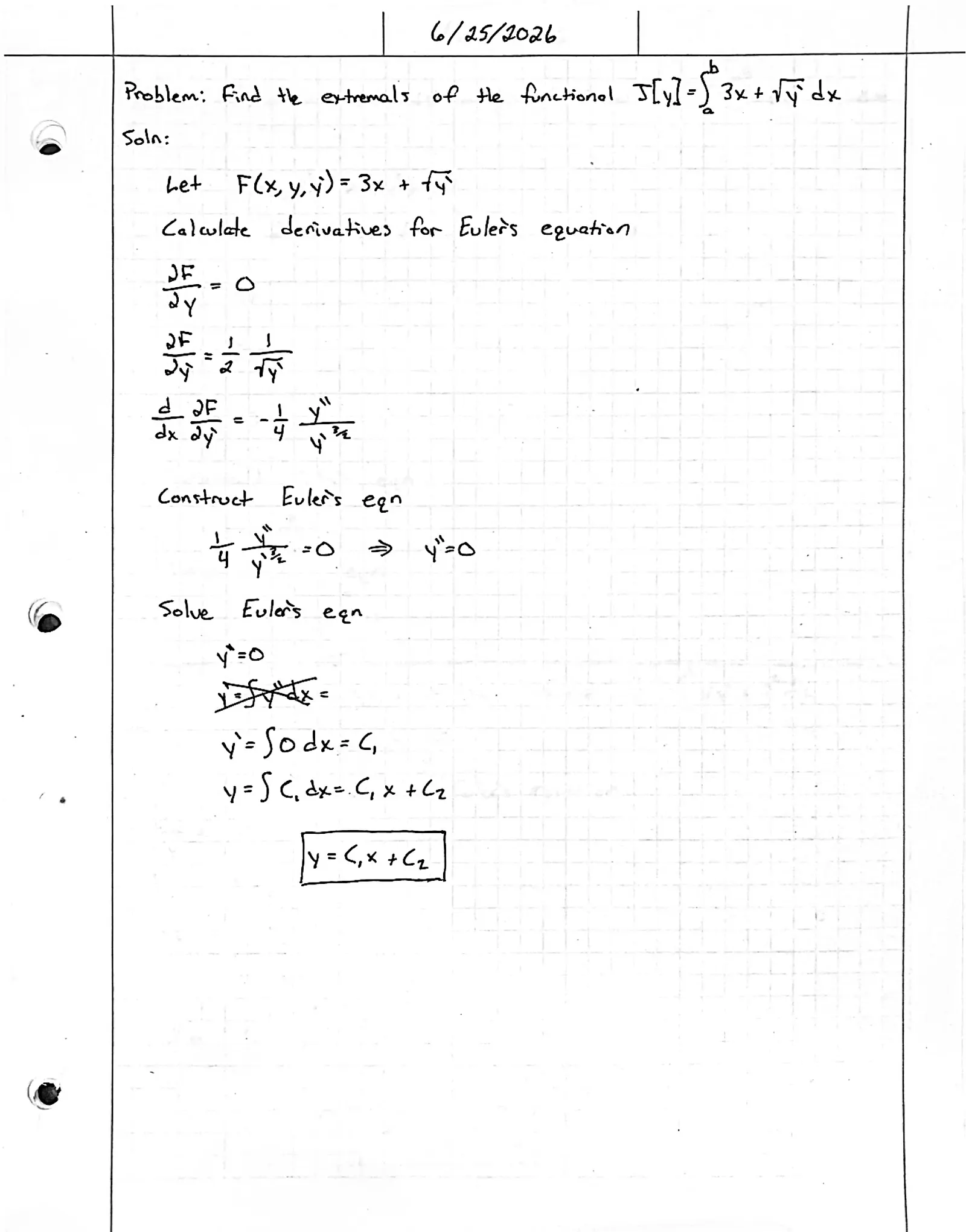 Handwritten solution, page 1 of 1. Find the extremals of ∫ (3x + √y′) dx