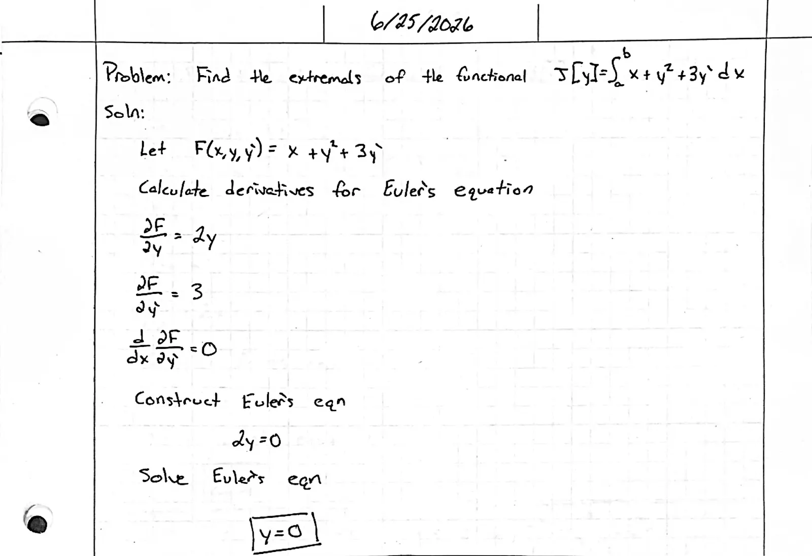 Handwritten solution, page 1 of 1. Find the extremals of ∫ (x + y² + 3y′) dx
