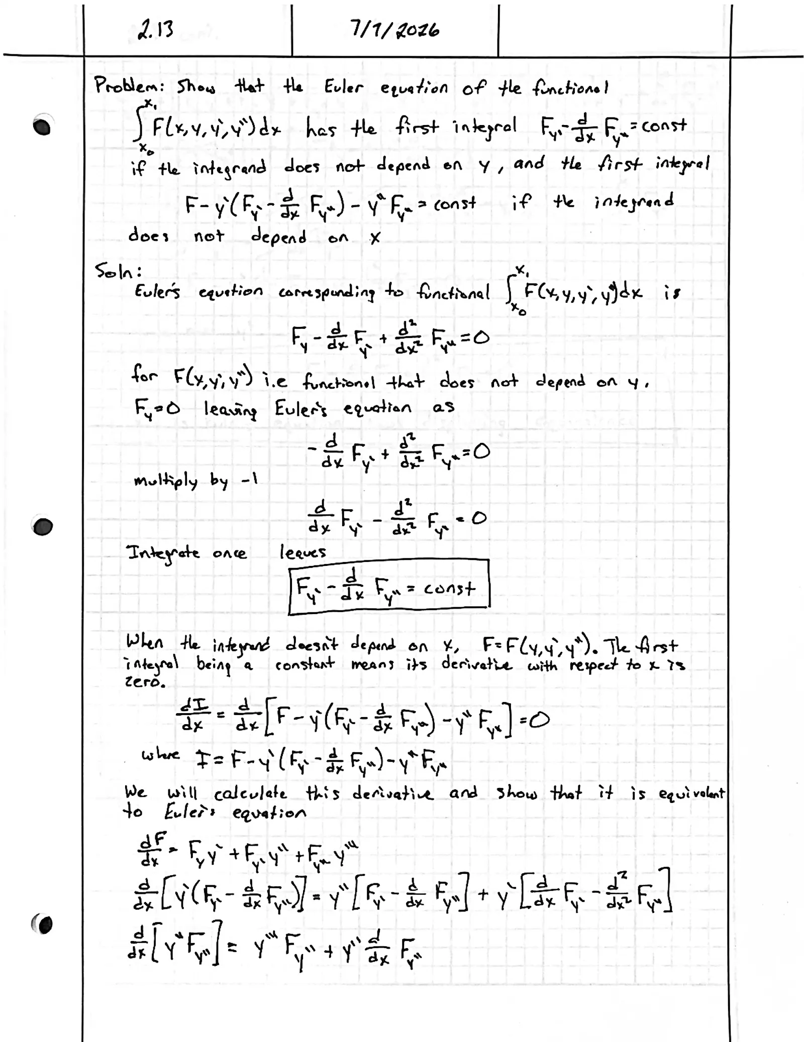 Handwritten solution, page 1 of 2. Show the first integrals of the Euler equation for ∫ F(x, y, y′, y″) dx when F does not depend on y or on x