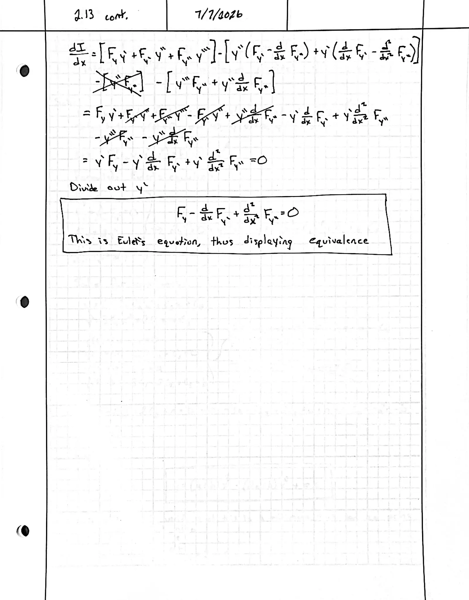 Handwritten solution, page 2 of 2. Show the first integrals of the Euler equation for ∫ F(x, y, y′, y″) dx when F does not depend on y or on x
