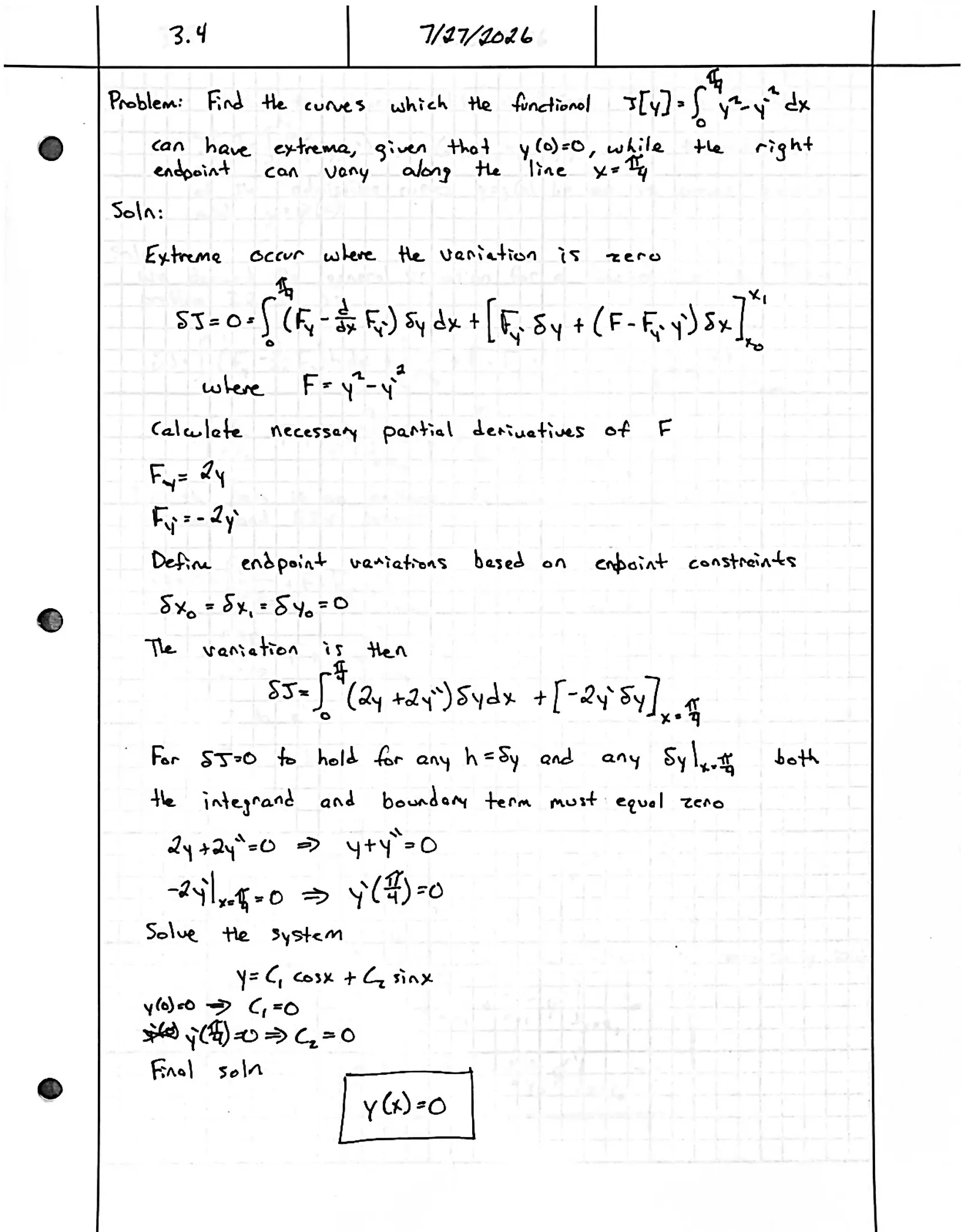 Handwritten solution, page 1 of 1. Find the extremals of ∫₀^{π/4} (y² − y′²) dx with y(0) = 0 and the right endpoint free on x = π/4