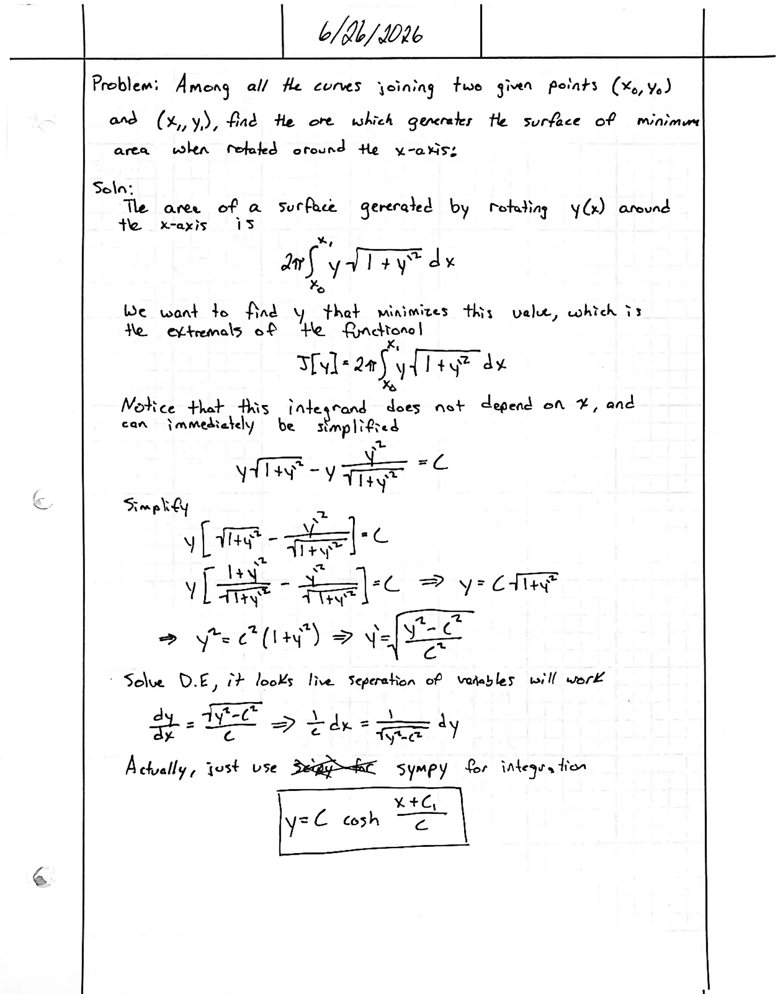 Handwritten solution, page 1 of 1. Find the curve of revolution with minimum surface area