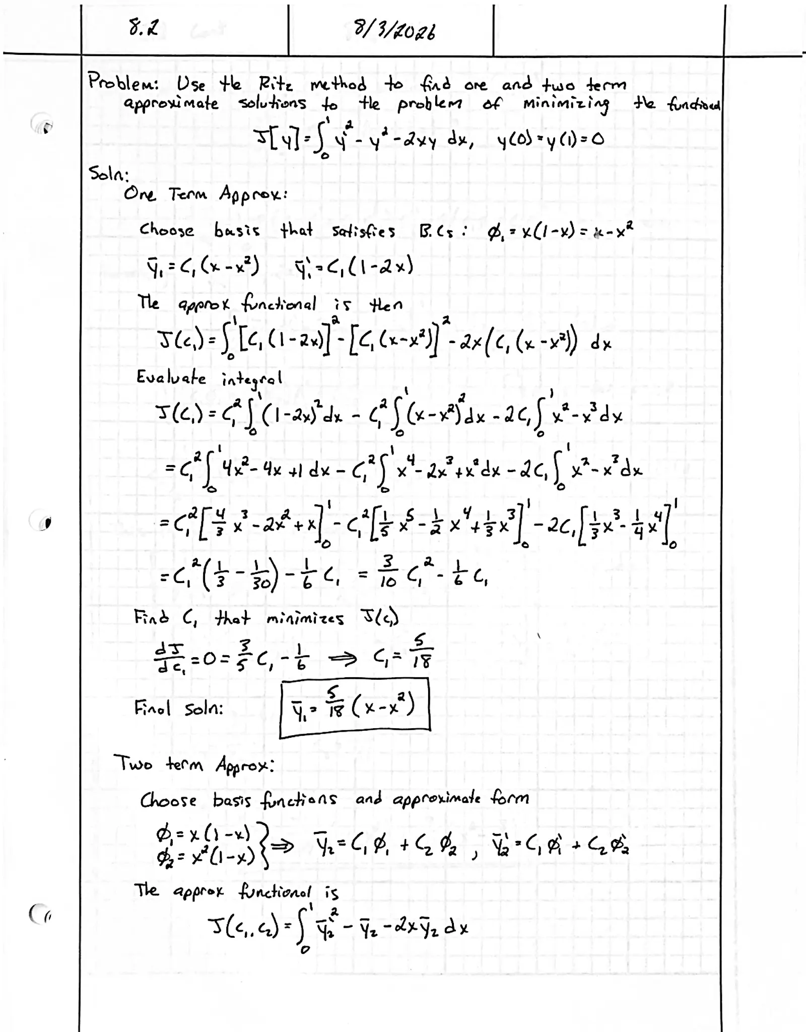Handwritten solution, page 1 of 2. Use the Ritz method to find one- and two-term approximate minimizers of ∫₀¹ (y′² − y² − 2xy) dx with y(0) = y(1) = 0