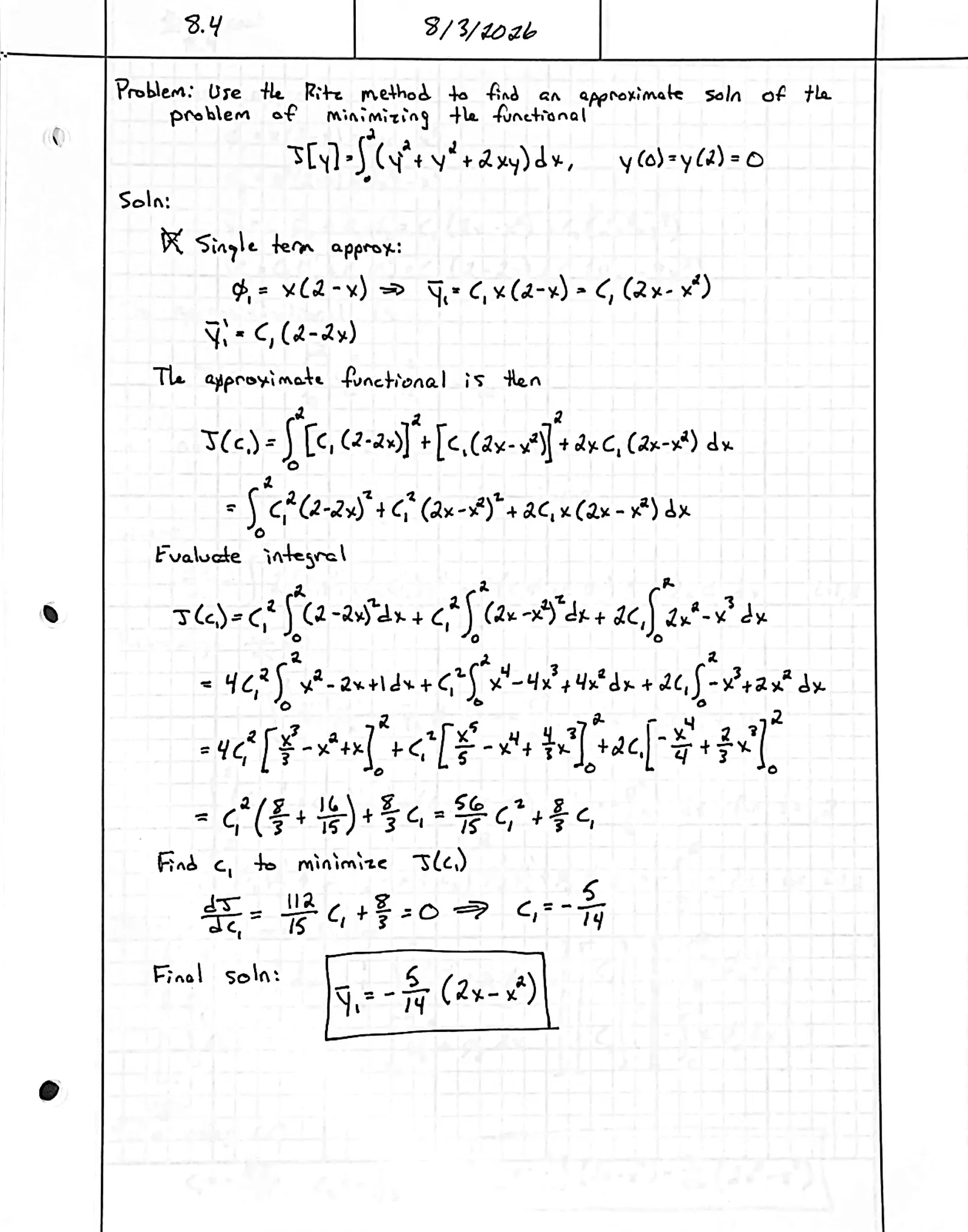 Handwritten solution, page 1 of 2. Use the Ritz method to find one- and two-term approximate minimizers of ∫₀² (y′² + y² + 2xy) dx with y(0) = y(2) = 0