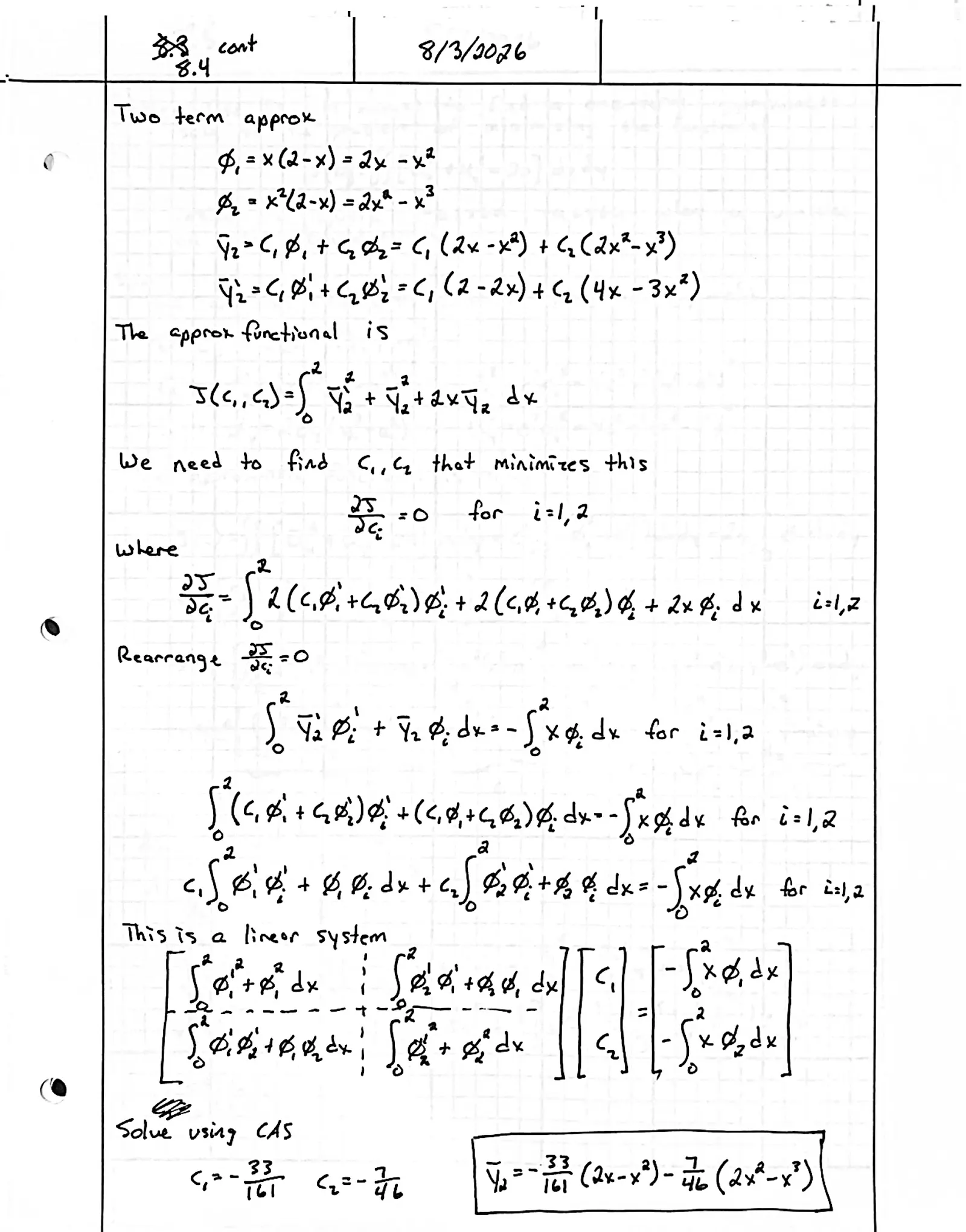 Handwritten solution, page 2 of 2. Use the Ritz method to find one- and two-term approximate minimizers of ∫₀² (y′² + y² + 2xy) dx with y(0) = y(2) = 0