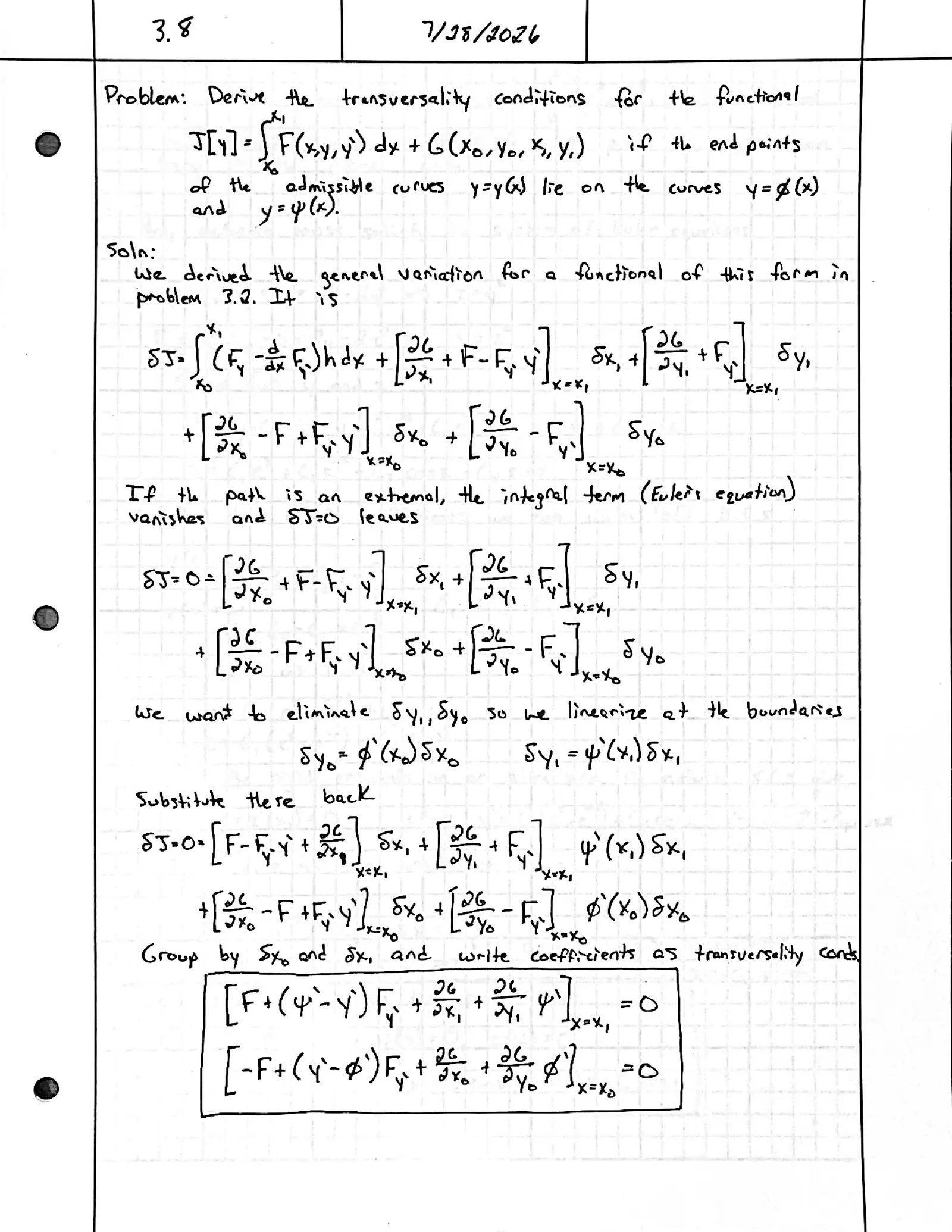Handwritten solution, page 1 of 1. Derive the transversality conditions for ∫ F(x, y, y′) dx + G(x₀, y₀, x₁, y₁) with endpoints on the curves y = φ(x) and y = ψ(x)