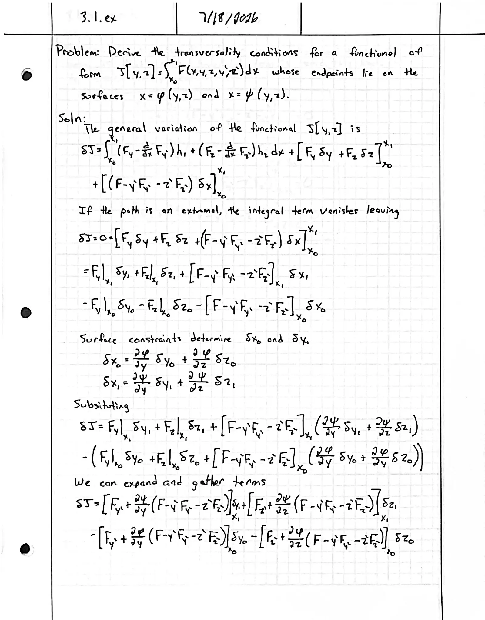 Handwritten solution, page 1 of 2. Derive the transversality conditions for ∫ F(x, y, z, y′, z′) dx with endpoints on the surfaces x = φ(y, z) and x = ψ(y, z)
