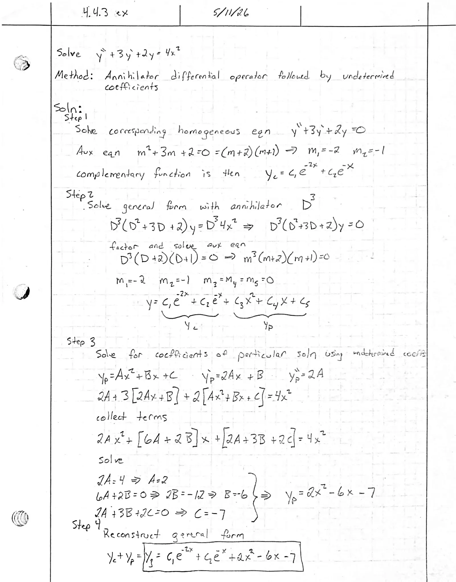 Handwritten solution, page 1 of 1. Solve y″ + 3y′ + 2y = 4x² using an annihilator and undetermined coefficients