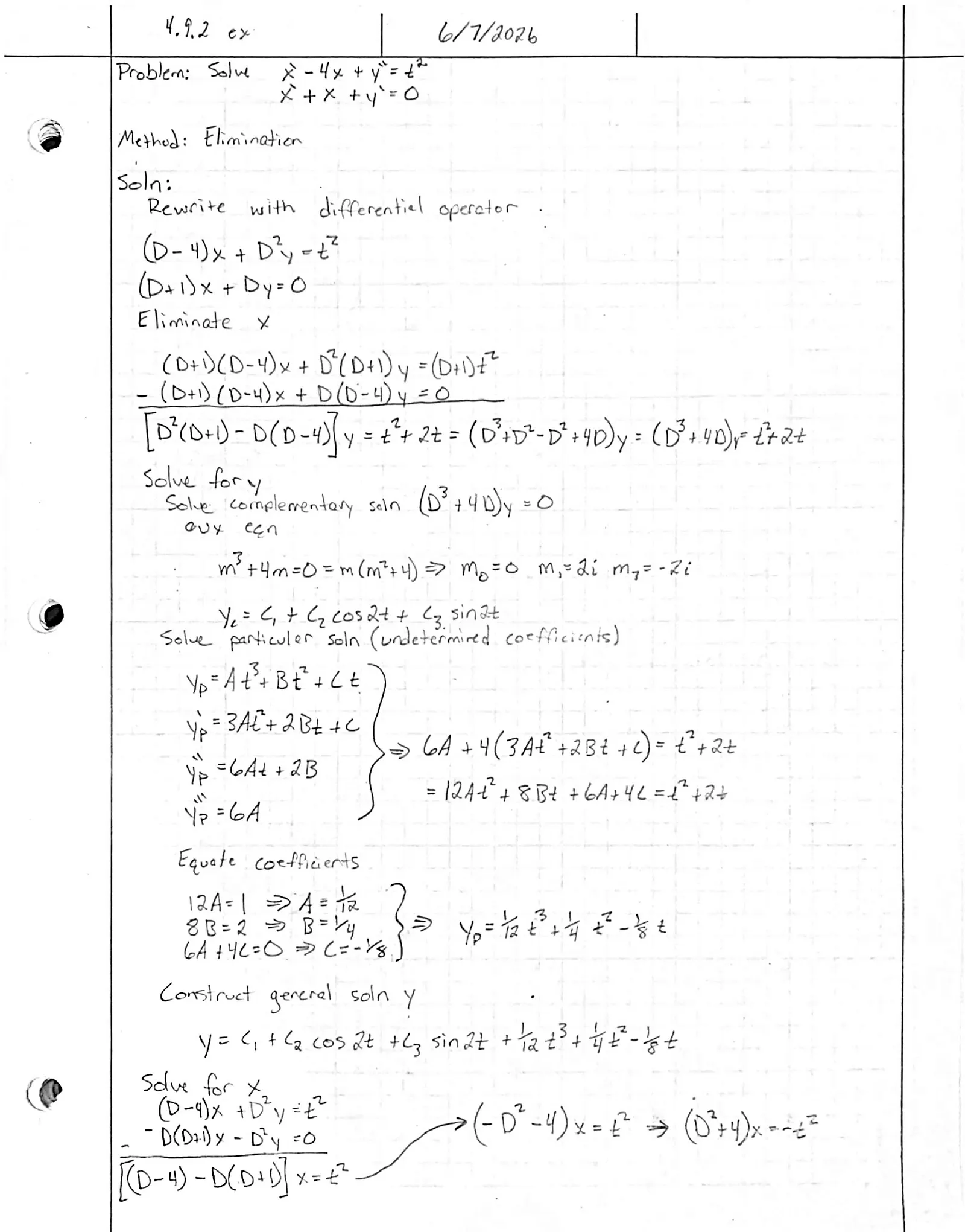 Handwritten solution, page 1 of 2. Solve the system x′ − 4x + y″ = t², x′ + x + y′ = 0 by elimination
