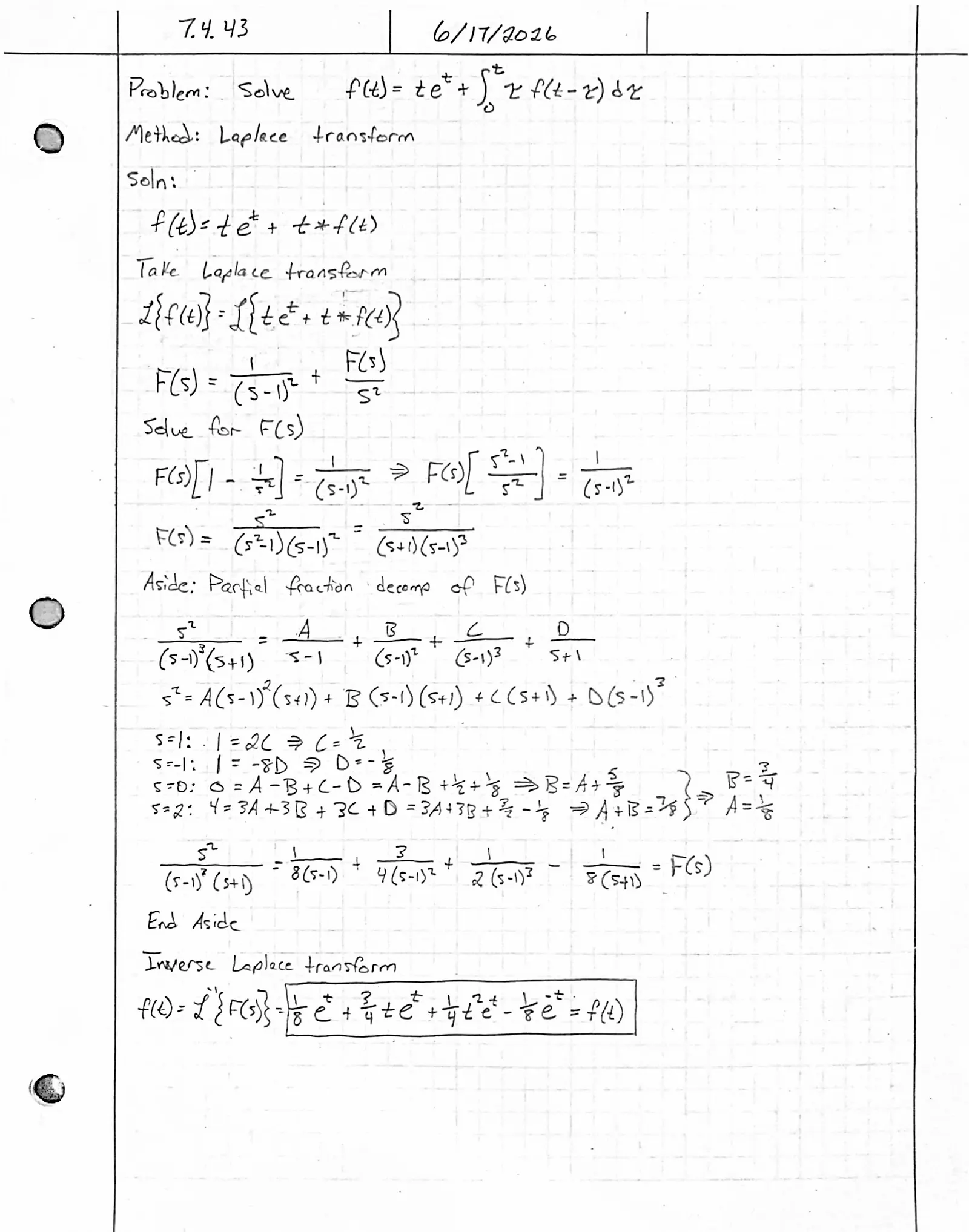 Handwritten solution, page 1 of 1. Solve the integral equation f(t) = te^{t} + ∫₀^{t} τ f(t − τ) dτ