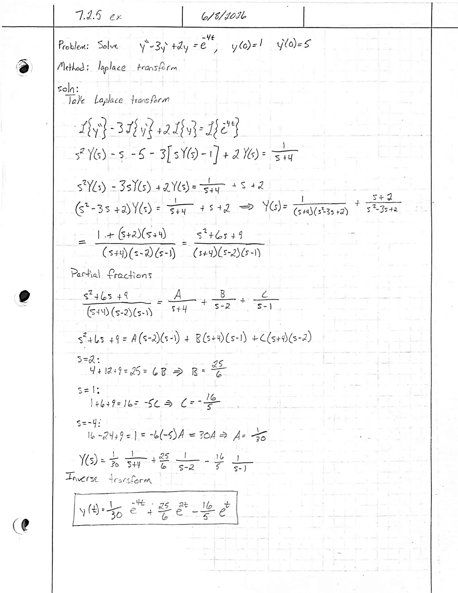 Handwritten solution, page 1 of 1. Solve y″ − 3y′ + 2y = e^{−4t} with y(0) = 1, y′(0) = 5