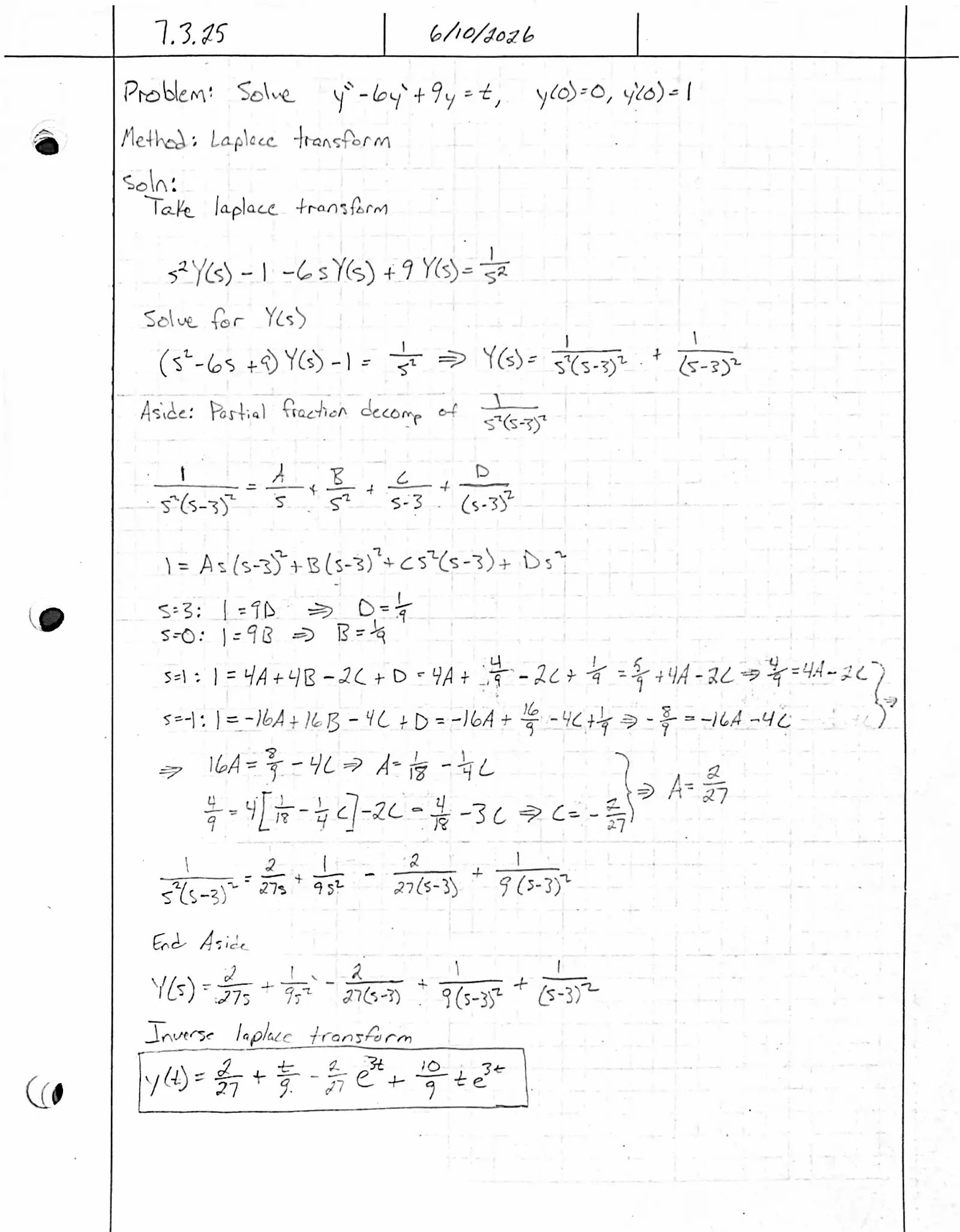 Handwritten solution, page 1 of 1. Solve y″ − 6y′ + 9y = t with y(0) = 0, y′(0) = 1