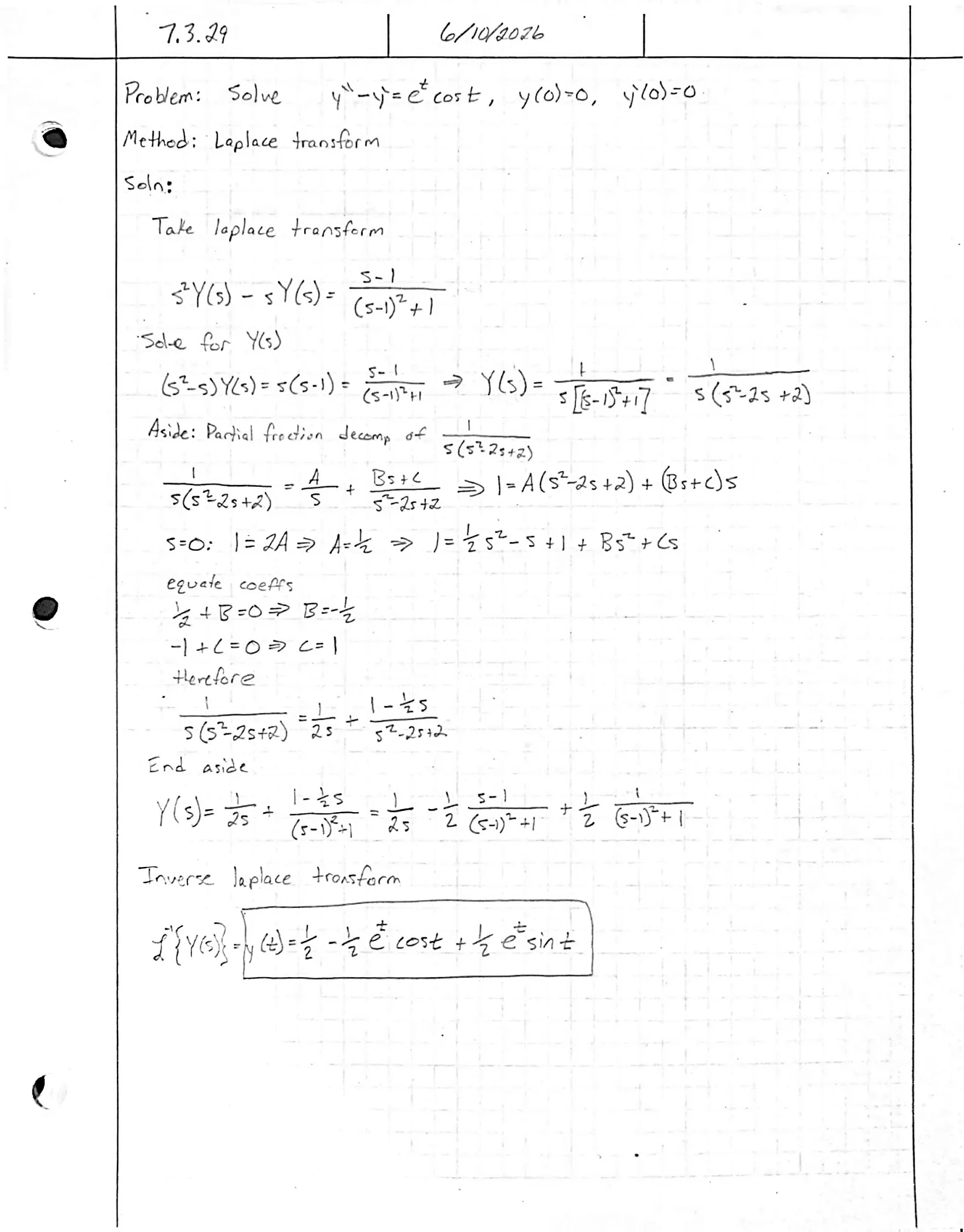 Handwritten solution, page 1 of 1. Solve y″ − y′ = e^{t} cos t with y(0) = 0, y′(0) = 0