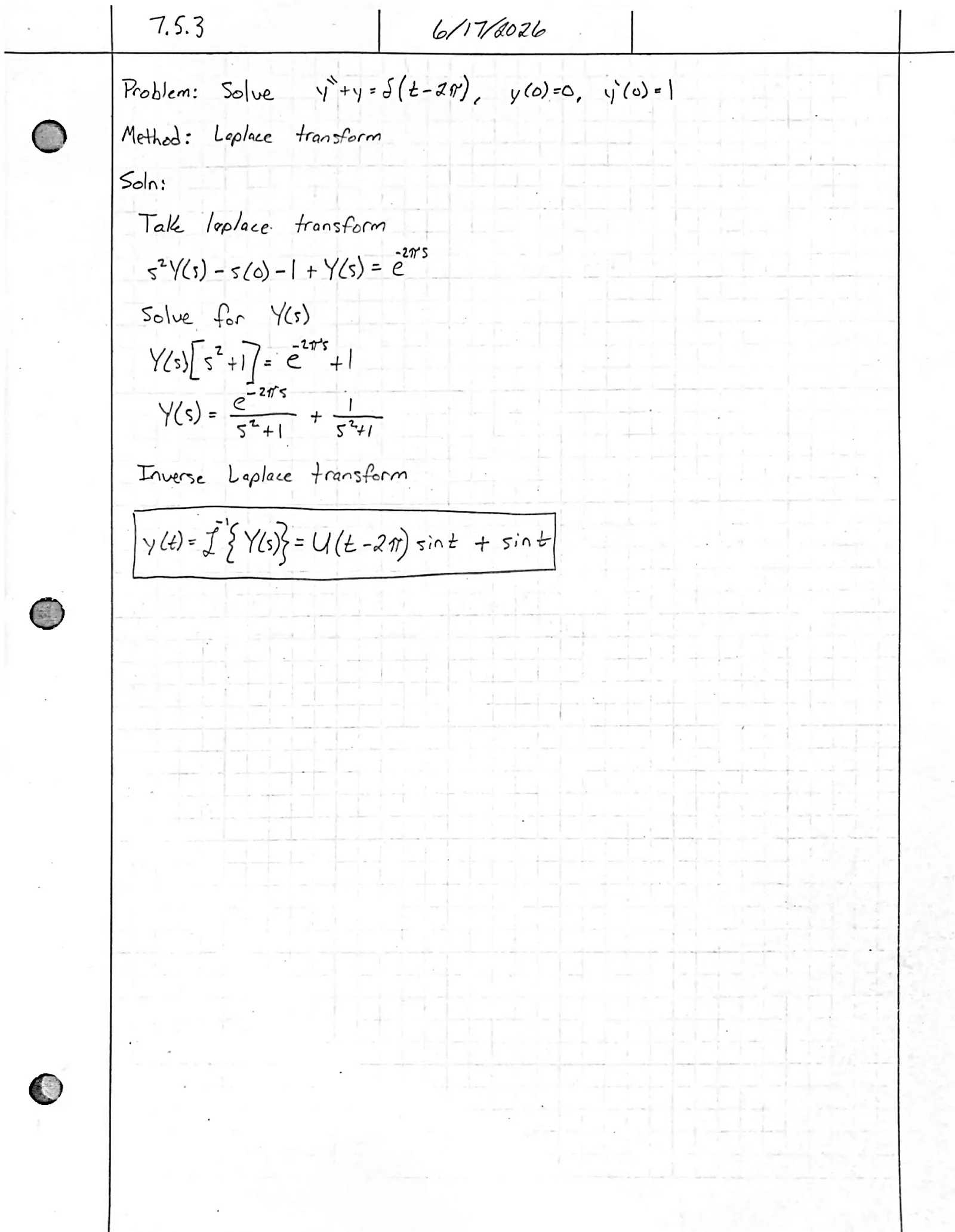 Handwritten solution, page 1 of 1. Solve y″ + y = δ(t − 2π) with y(0) = 0, y′(0) = 1