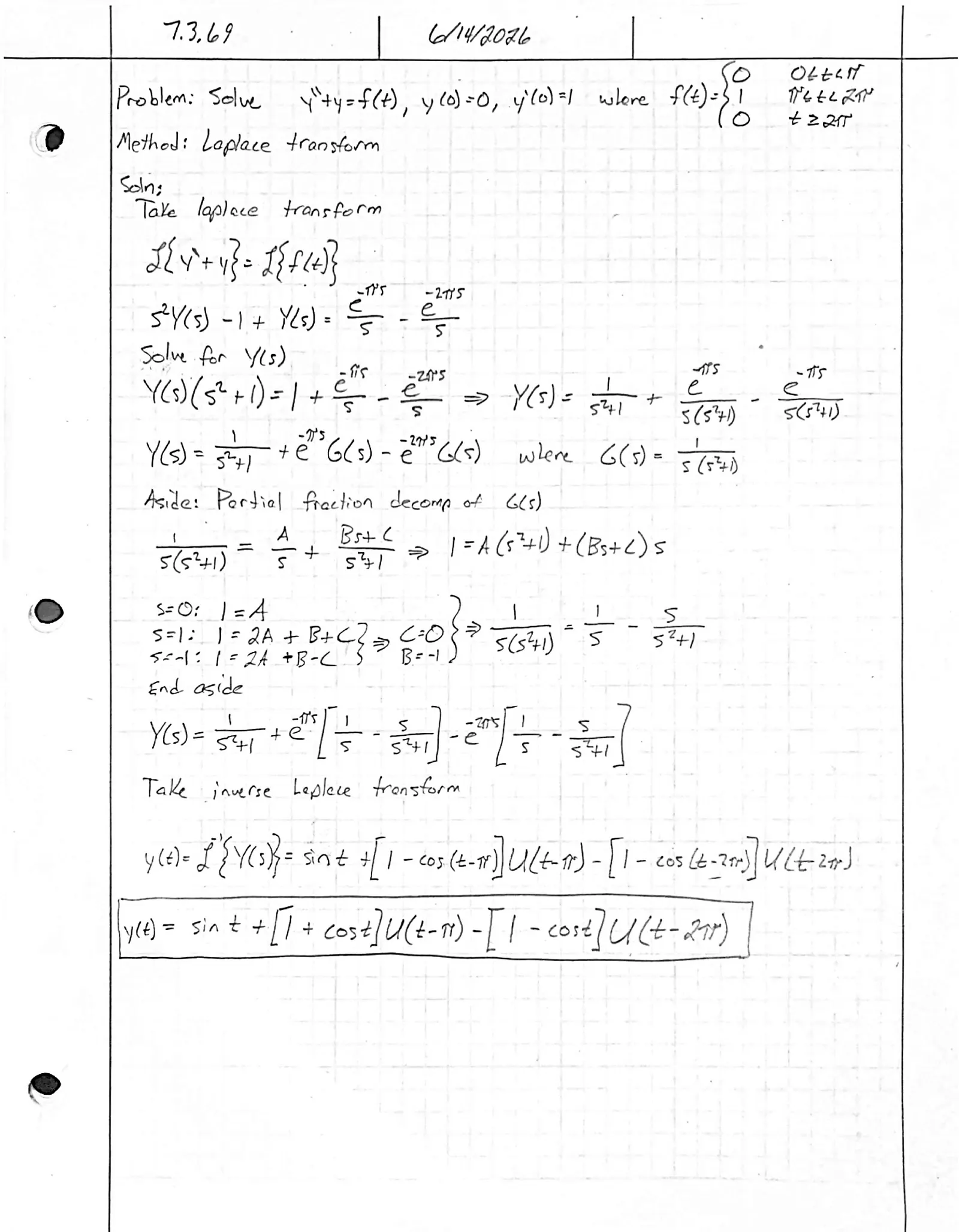 Handwritten solution, page 1 of 1. Solve y″ + y = f(t), y(0) = 0, y′(0) = 1, where f(t) = 1 for π ≤ t < 2π and 0 otherwise