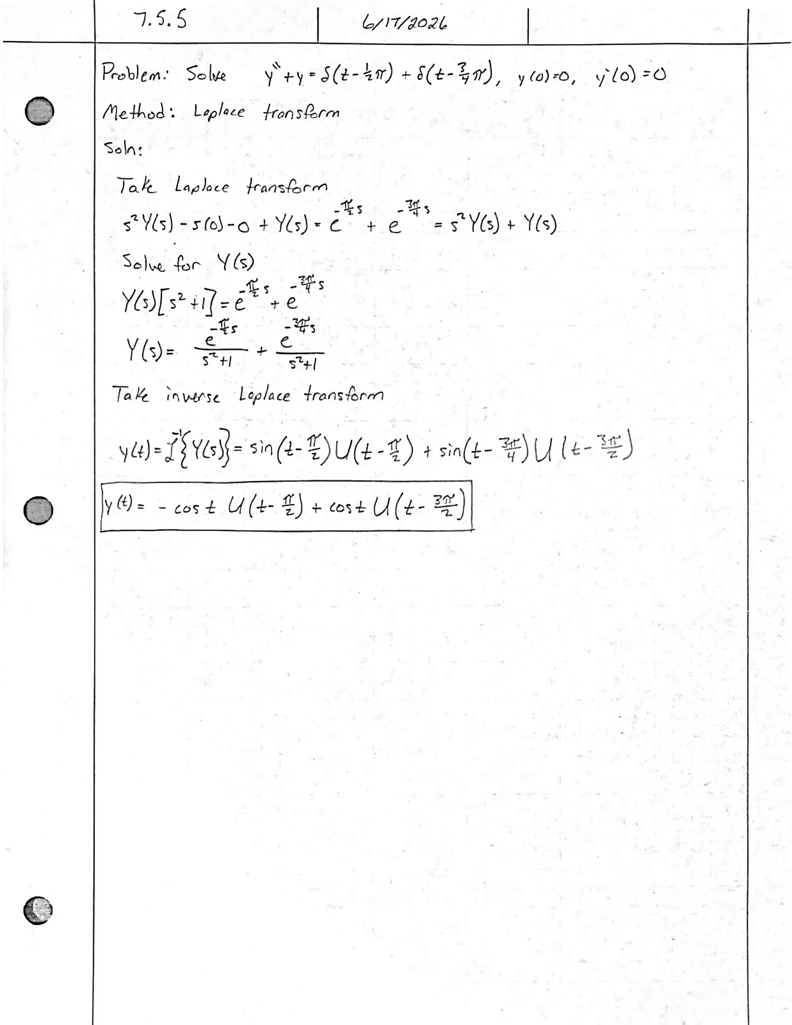 Handwritten solution, page 1 of 1. Solve y″ + y = δ(t − π/2) + δ(t − 3π/2) with y(0) = 0, y′(0) = 0
