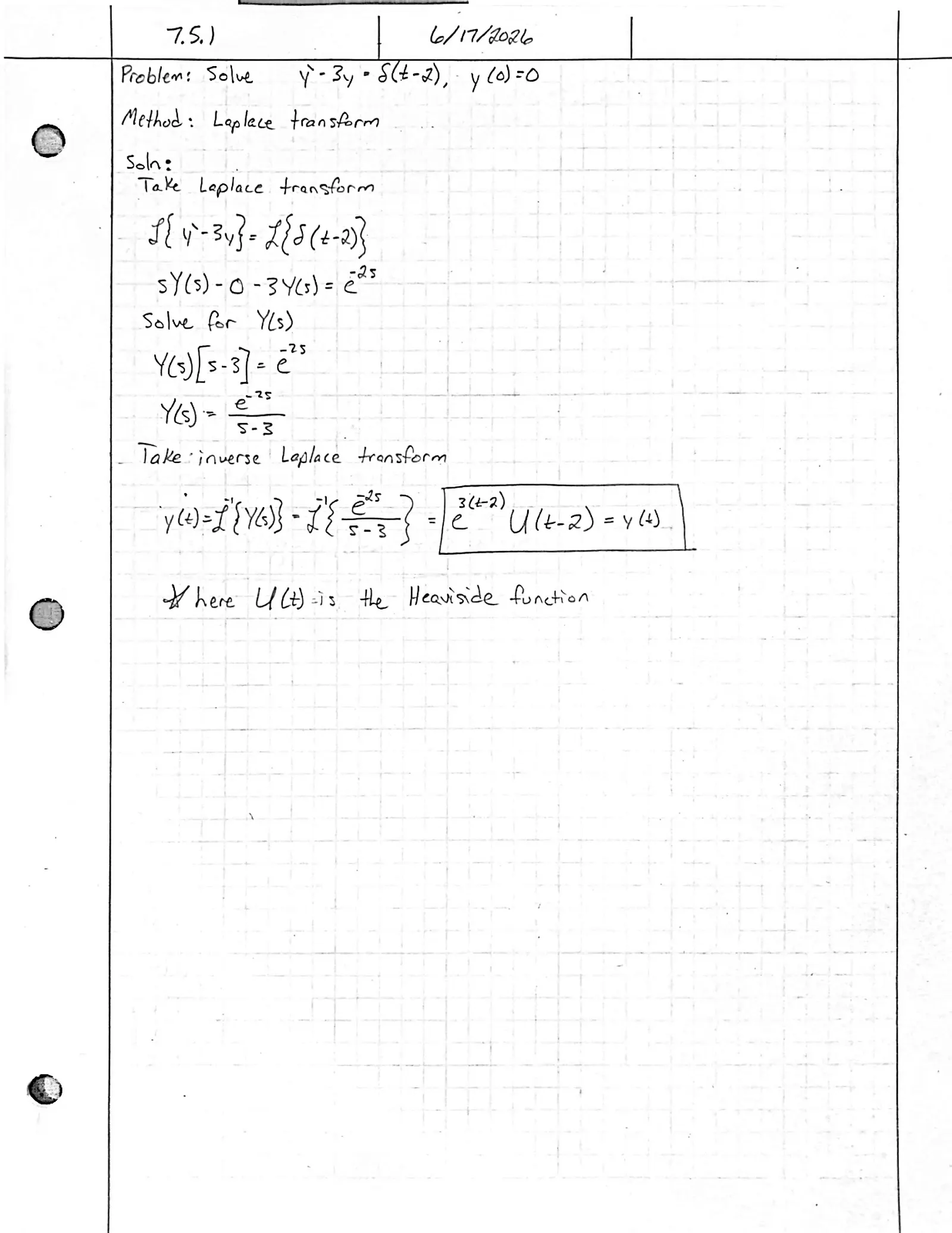 Handwritten solution, page 1 of 1. Solve y′ − 3y = δ(t − 2) with y(0) = 0