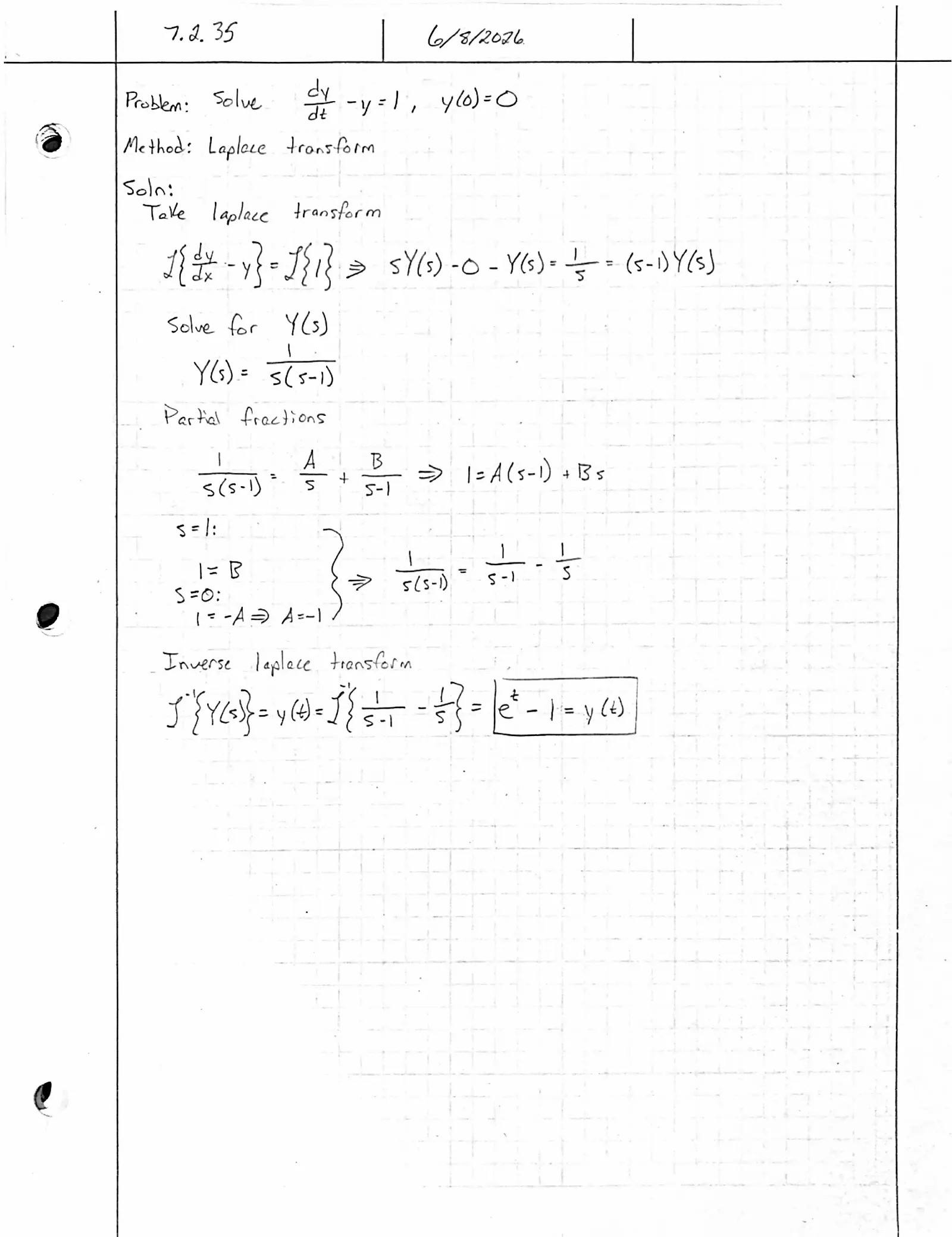 Handwritten solution, page 1 of 1. Solve y′ − y = 1 with y(0) = 0