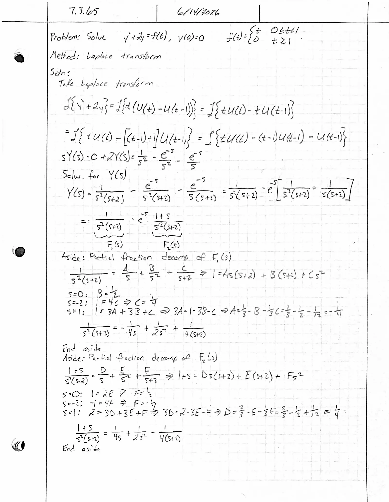 Handwritten solution, page 1 of 2. Solve y′ + 2y = f(t), y(0) = 0, where f(t) = t for 0 ≤ t < 1 and 0 for t ≥ 1