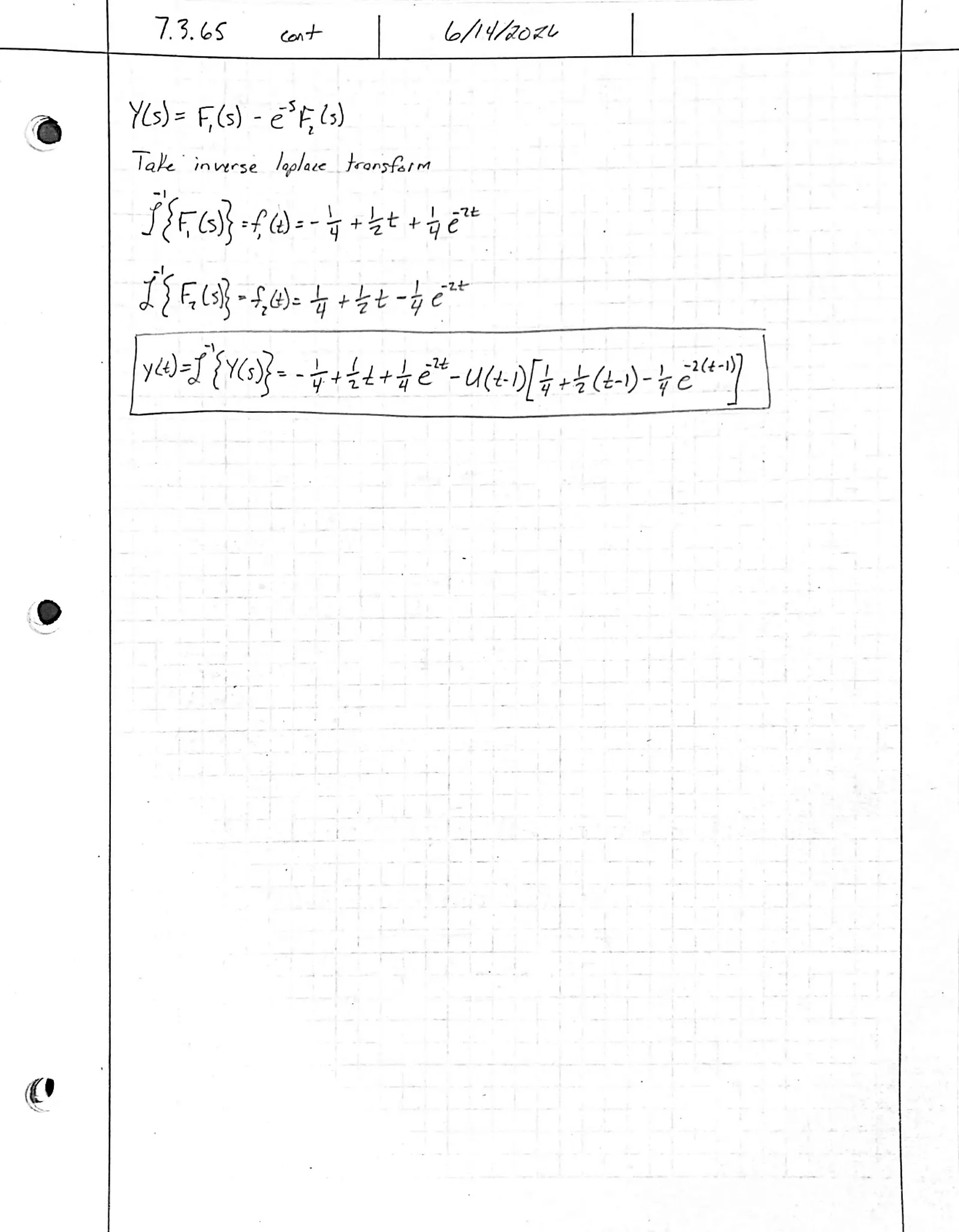 Handwritten solution, page 2 of 2. Solve y′ + 2y = f(t), y(0) = 0, where f(t) = t for 0 ≤ t < 1 and 0 for t ≥ 1