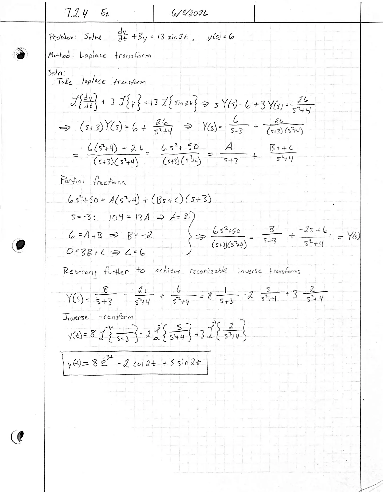 Handwritten solution, page 1 of 1. Solve y′ + 3y = 13 sin 2t with y(0) = 6
