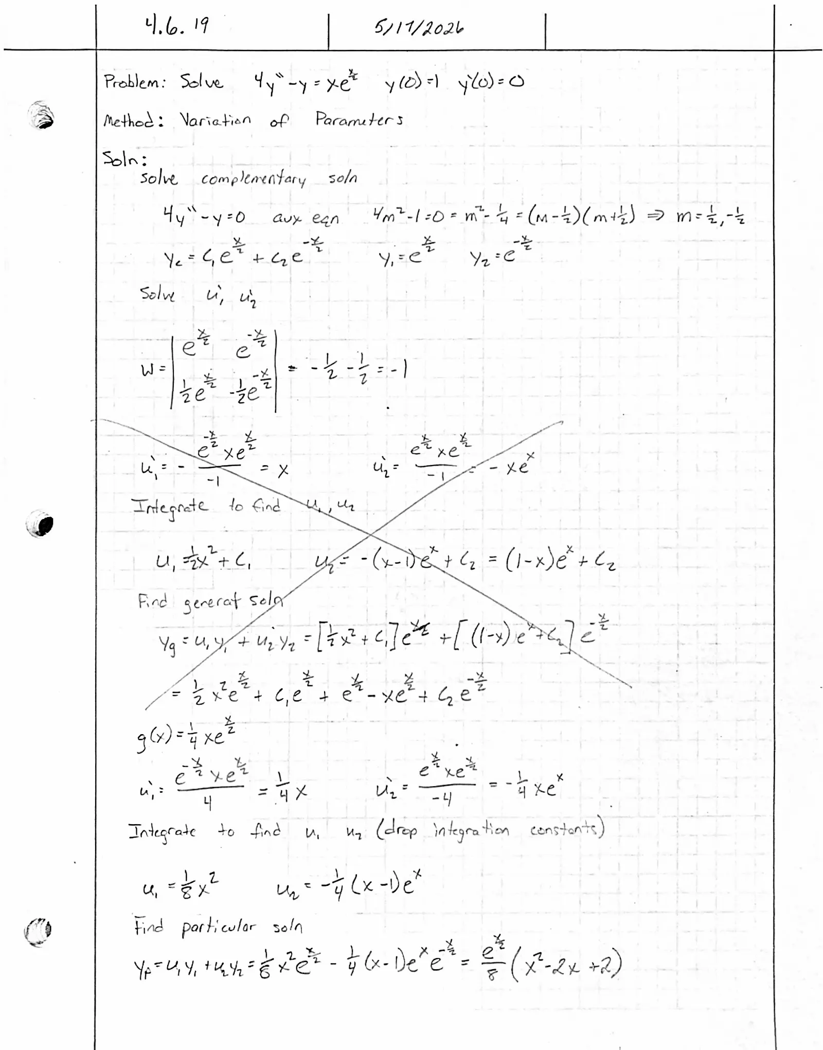 Handwritten solution, page 1 of 2. Solve 4y″ − y = xe^{x/2} with y(0) = 1, y′(0) = 0 by variation of parameters
