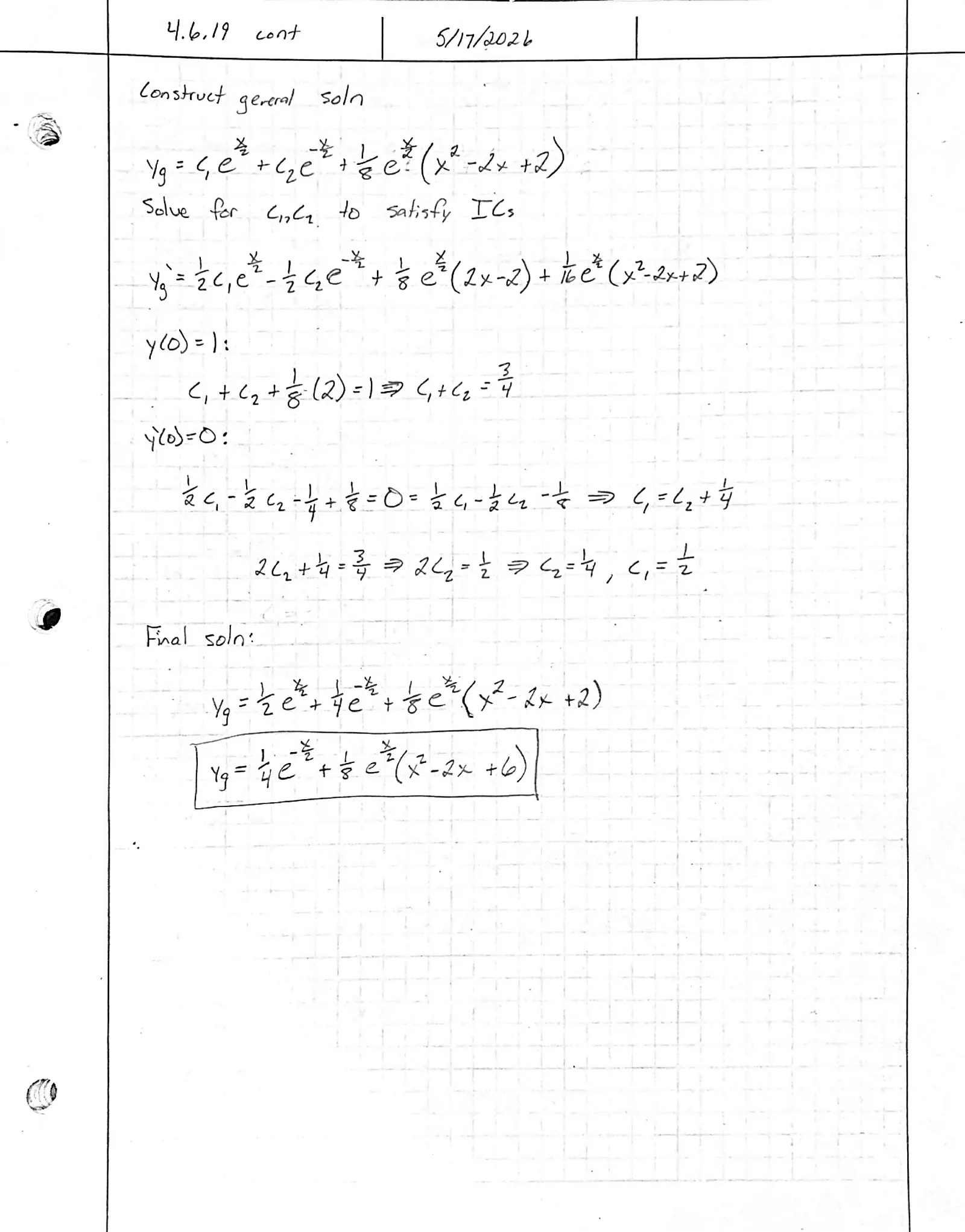 Handwritten solution, page 2 of 2. Solve 4y″ − y = xe^{x/2} with y(0) = 1, y′(0) = 0 by variation of parameters