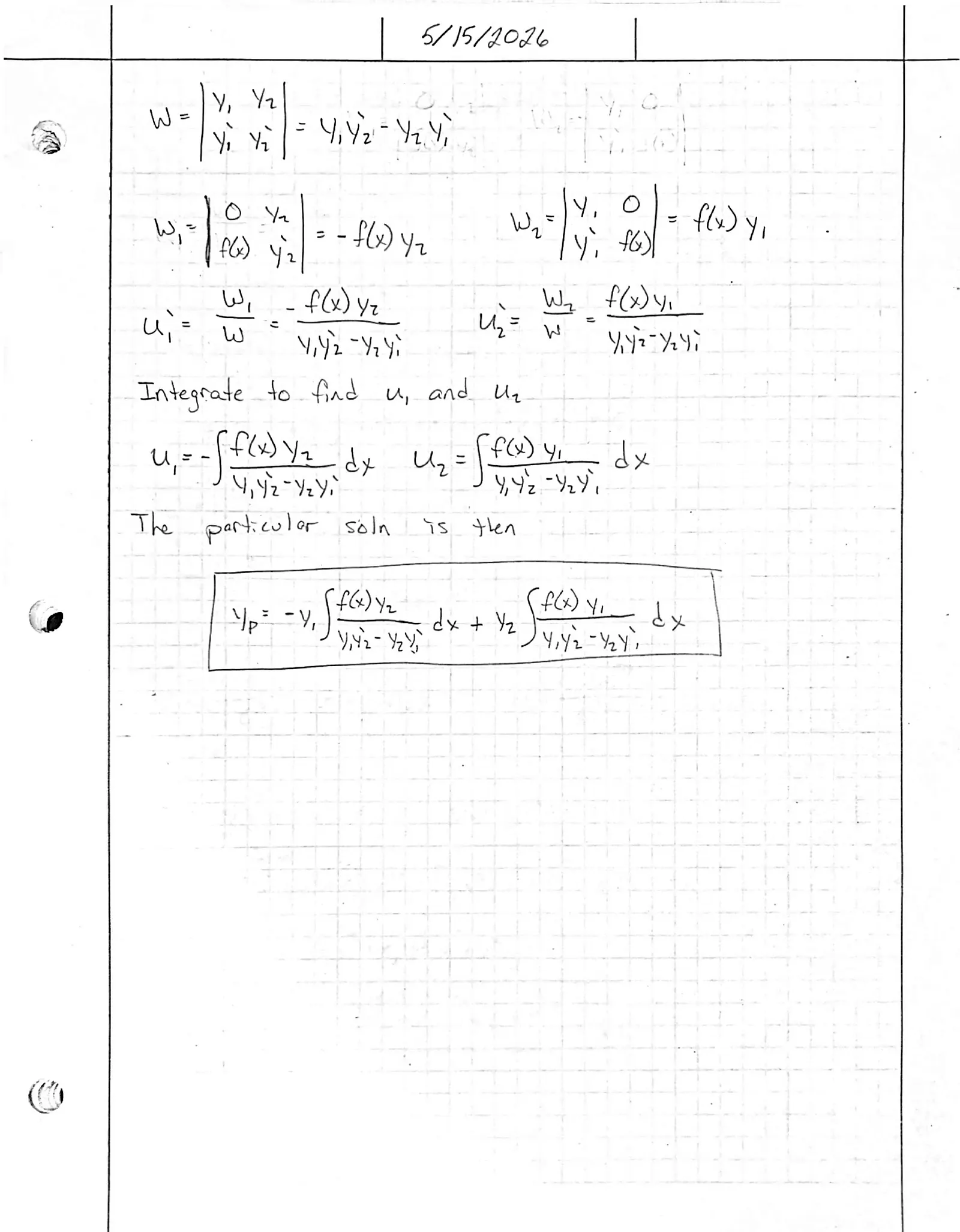 Handwritten solution, page 2 of 2. Derive the variation-of-parameters formula for a particular solution of y″ + P(x)y′ + Q(x)y = g(x)