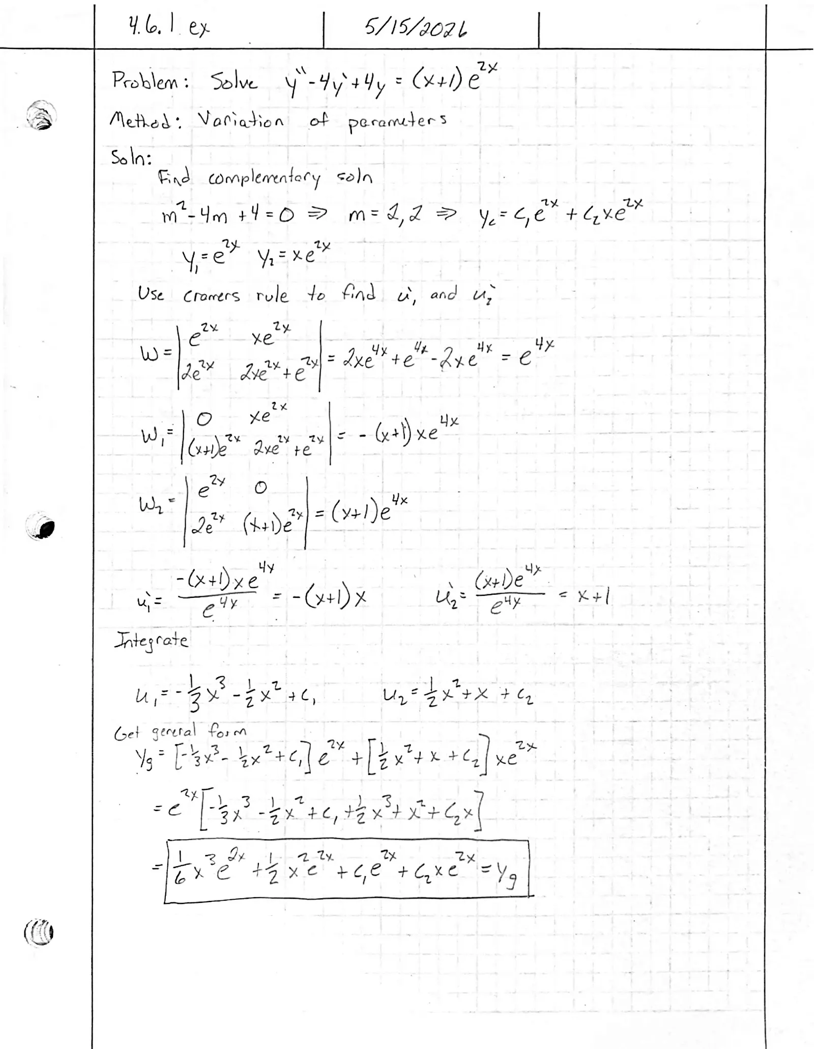 Handwritten solution, page 1 of 1. Solve y″ − 4y′ + 4y = (x + 1)e^{2x} by variation of parameters