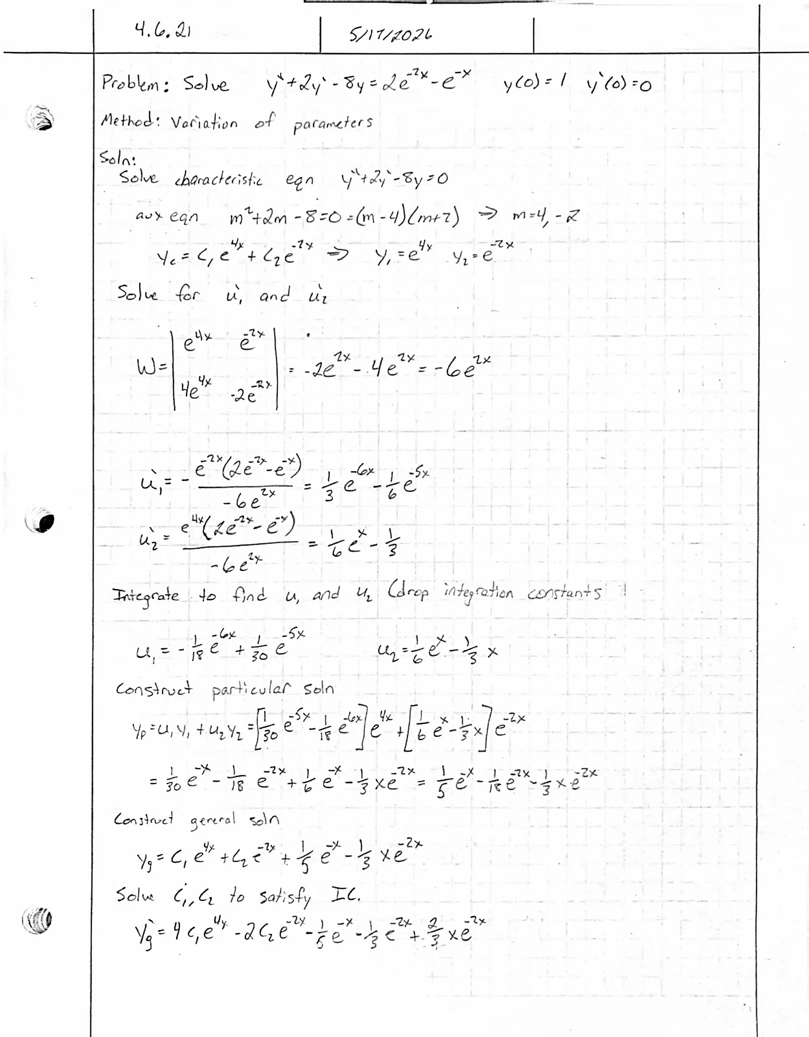 Handwritten solution, page 1 of 2. Solve y″ + 2y′ − 8y = 2e^{−2x} − e^{−x} with y(0) = 1, y′(0) = 0 by variation of parameters