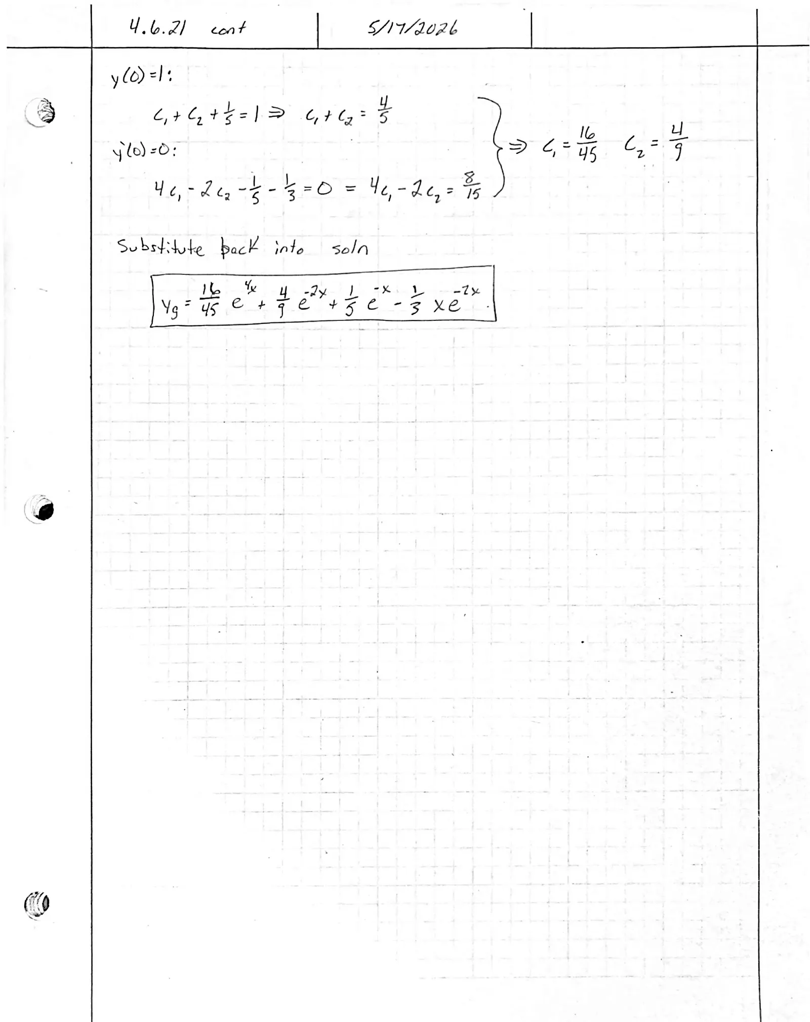 Handwritten solution, page 2 of 2. Solve y″ + 2y′ − 8y = 2e^{−2x} − e^{−x} with y(0) = 1, y′(0) = 0 by variation of parameters