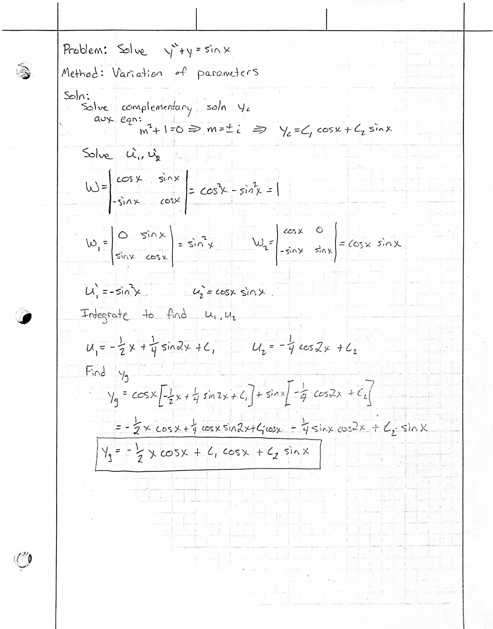 Handwritten solution, page 1 of 1. Solve y″ + y = sin x by variation of parameters