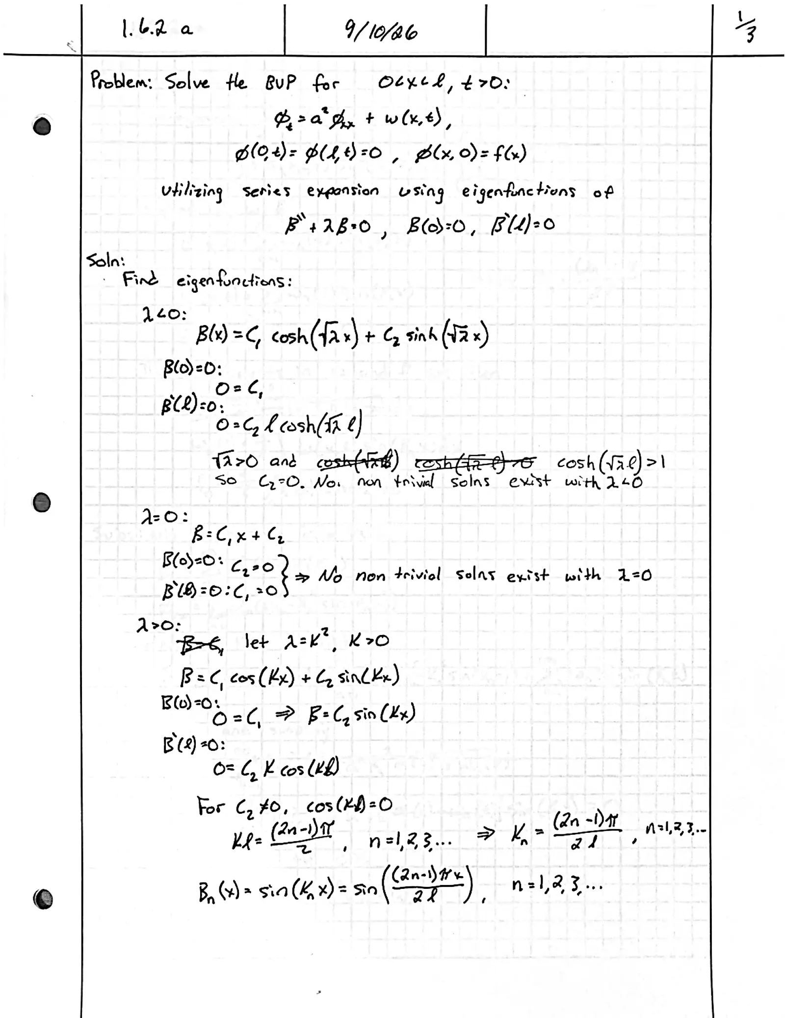 Handwritten solution, page 1 of 3. Solve φ_t = a²φ_xx + w(x, t) on 0 < x < ℓ with φ(x, 0) = f(x) by expanding in the eigenfunctions of β″ + λβ = 0, β(0) = β′(ℓ) = 0