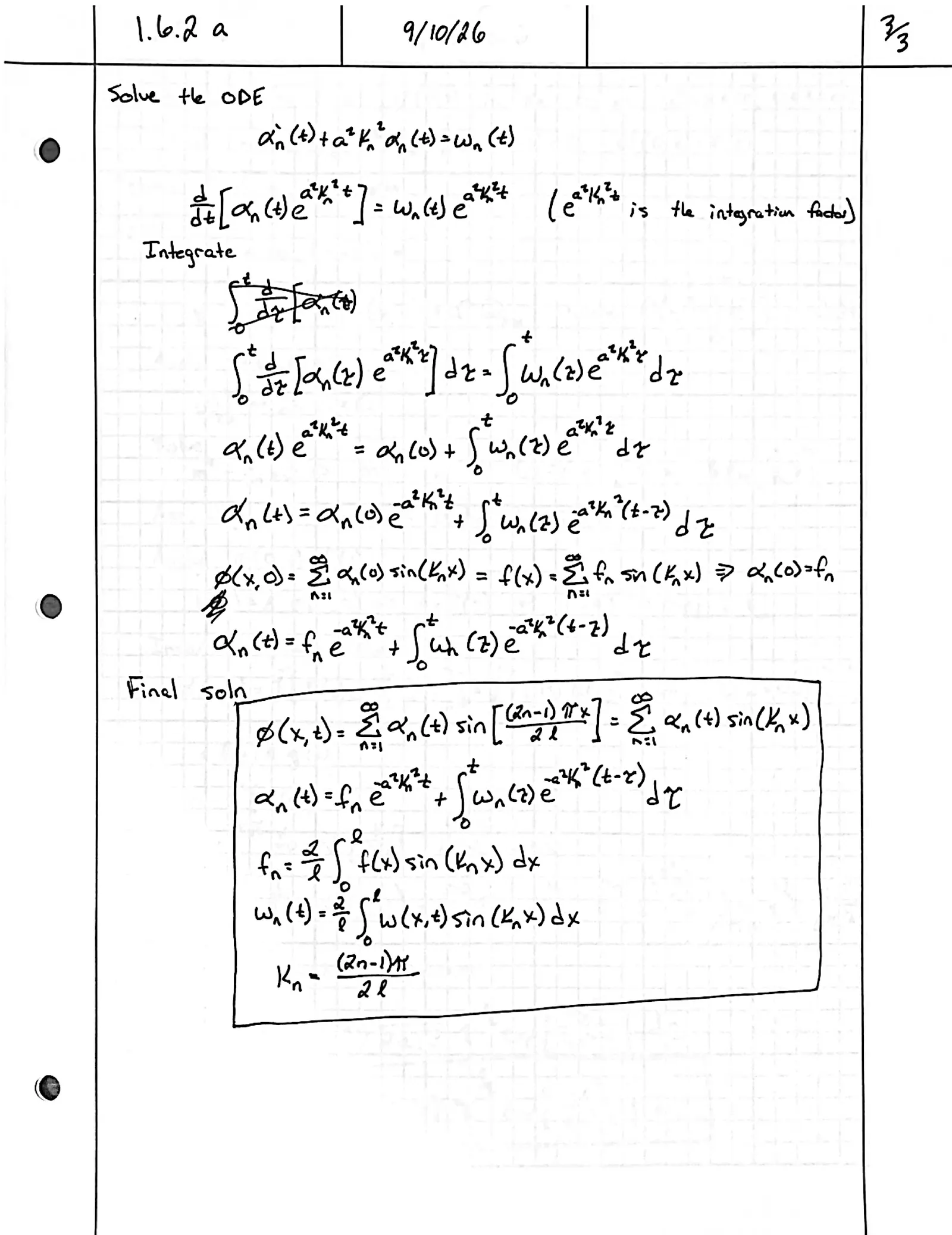 Handwritten solution, page 3 of 3. Solve φ_t = a²φ_xx + w(x, t) on 0 < x < ℓ with φ(x, 0) = f(x) by expanding in the eigenfunctions of β″ + λβ = 0, β(0) = β′(ℓ) = 0