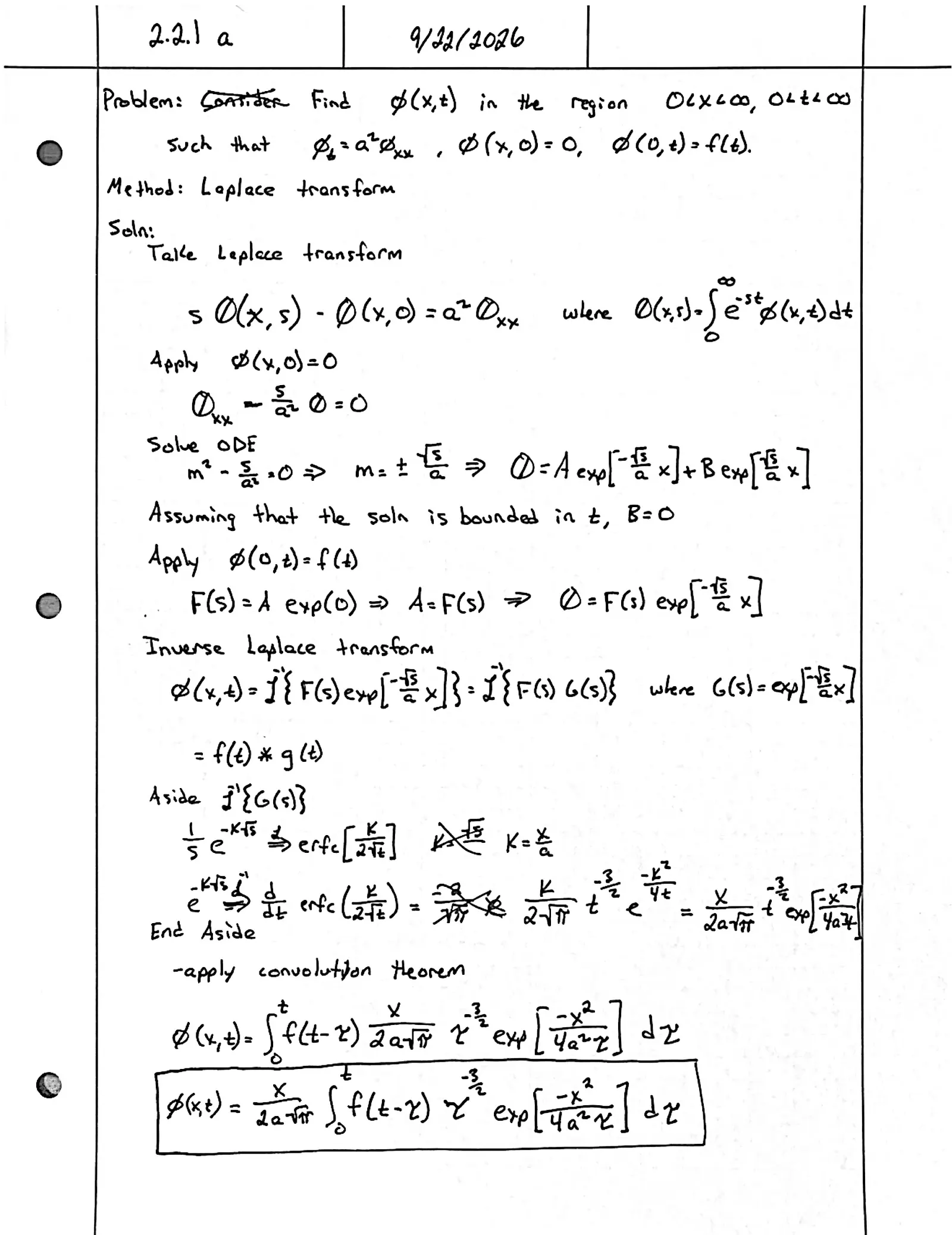 Handwritten solution, page 1 of 1. Use the Laplace transform to solve φ_t = a²φ_xx on x > 0 with φ(x, 0) = 0 and φ(0, t) = f(t)