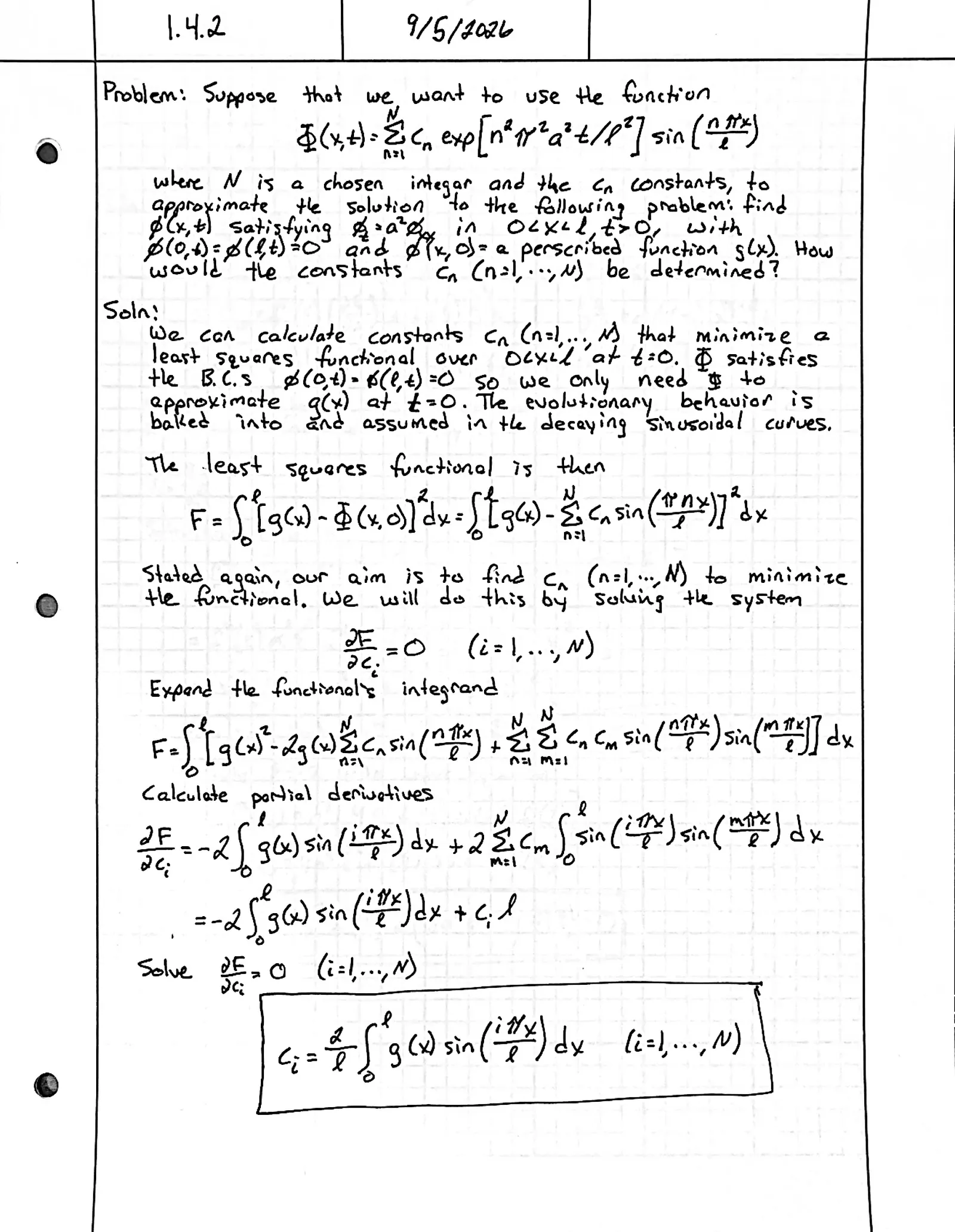 Handwritten solution, page 1 of 1. Choose the coefficients of a truncated sine series to best approximate the solution of φ_t = a²φ_xx with φ(0, t) = φ(ℓ, t) = 0 and φ(x, 0) = g(x)